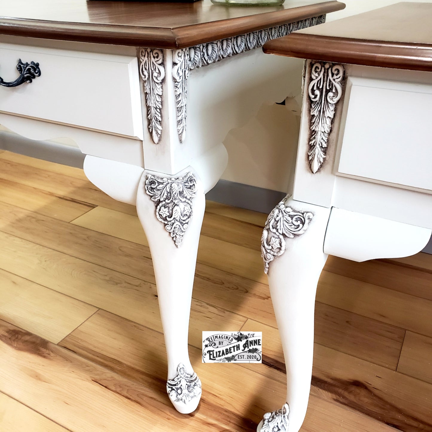 Vintage White End Tables with Beautiful Moulding Antiqued in Dark Brown/Charcoal and Stained "Tobacco" Wood Top | Bedroom Nightstands