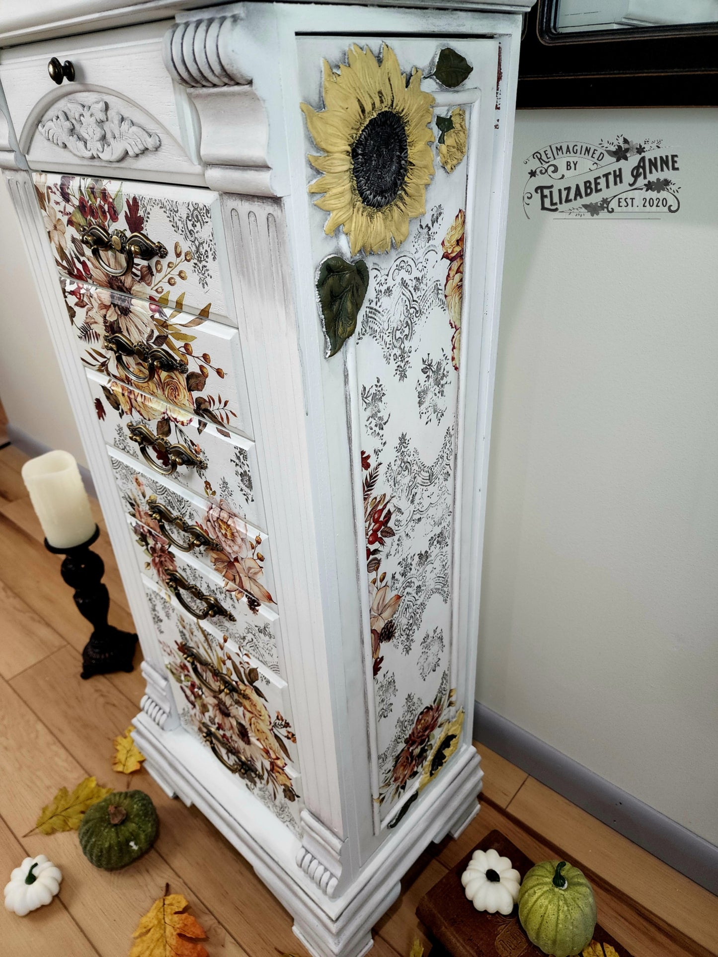 Sunflower Boho White, Olive Green, Black Antiqued Jewelry Armoire | Freestanding, Velvet Lined, Distressed Stripes & Vintage Gold Hardware