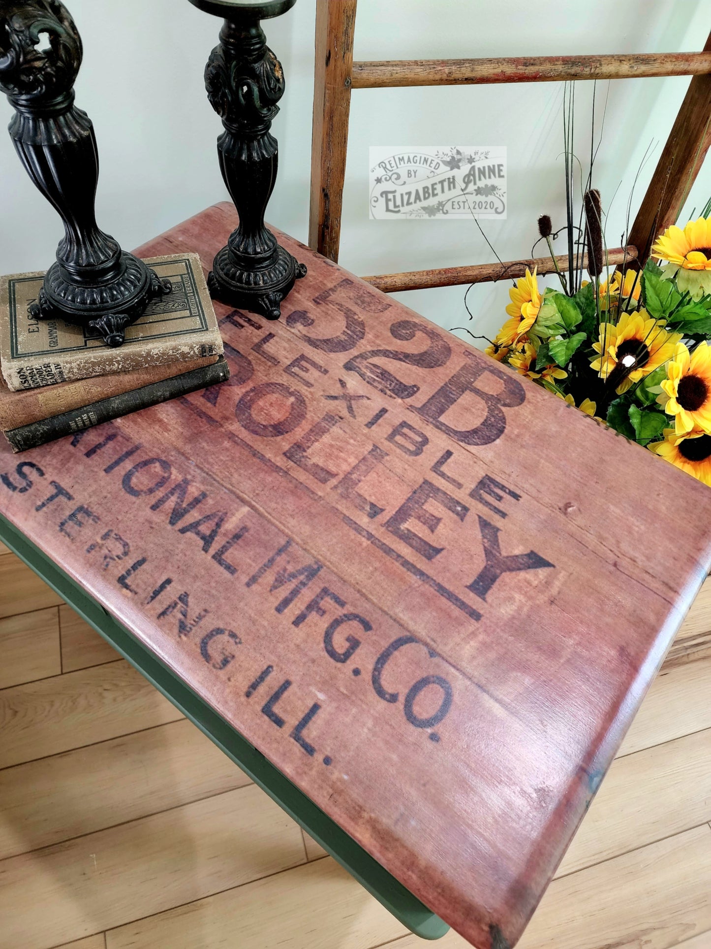 Vintage Industrial End Table in Evergreen Green | Apothecary Style Drawers Bronze Hardware | Antique Weathered Crate Top Print