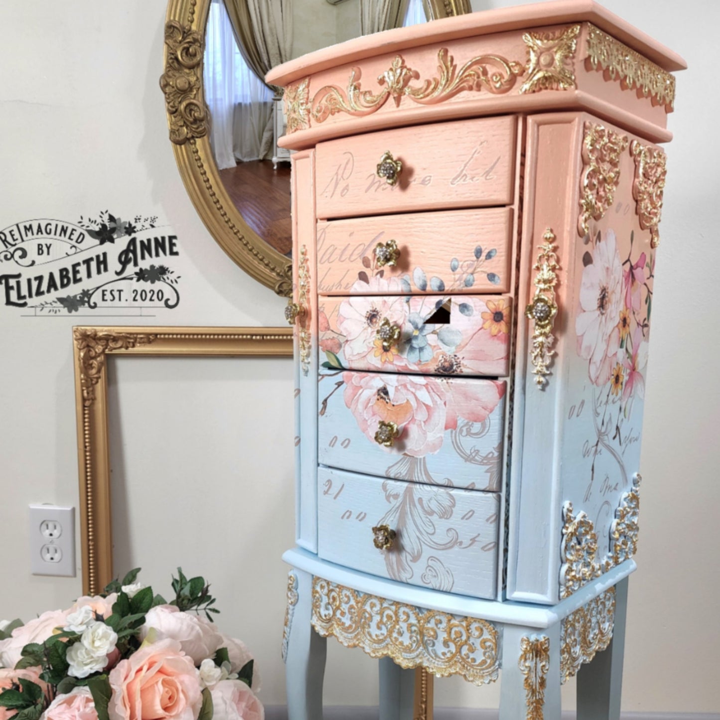 Fairytale Jewelry Armoire | Pink, Apricot, Light Blue, Gray-Blue & Gold Details | Floral Jewelry Storage | French Jewelry Box