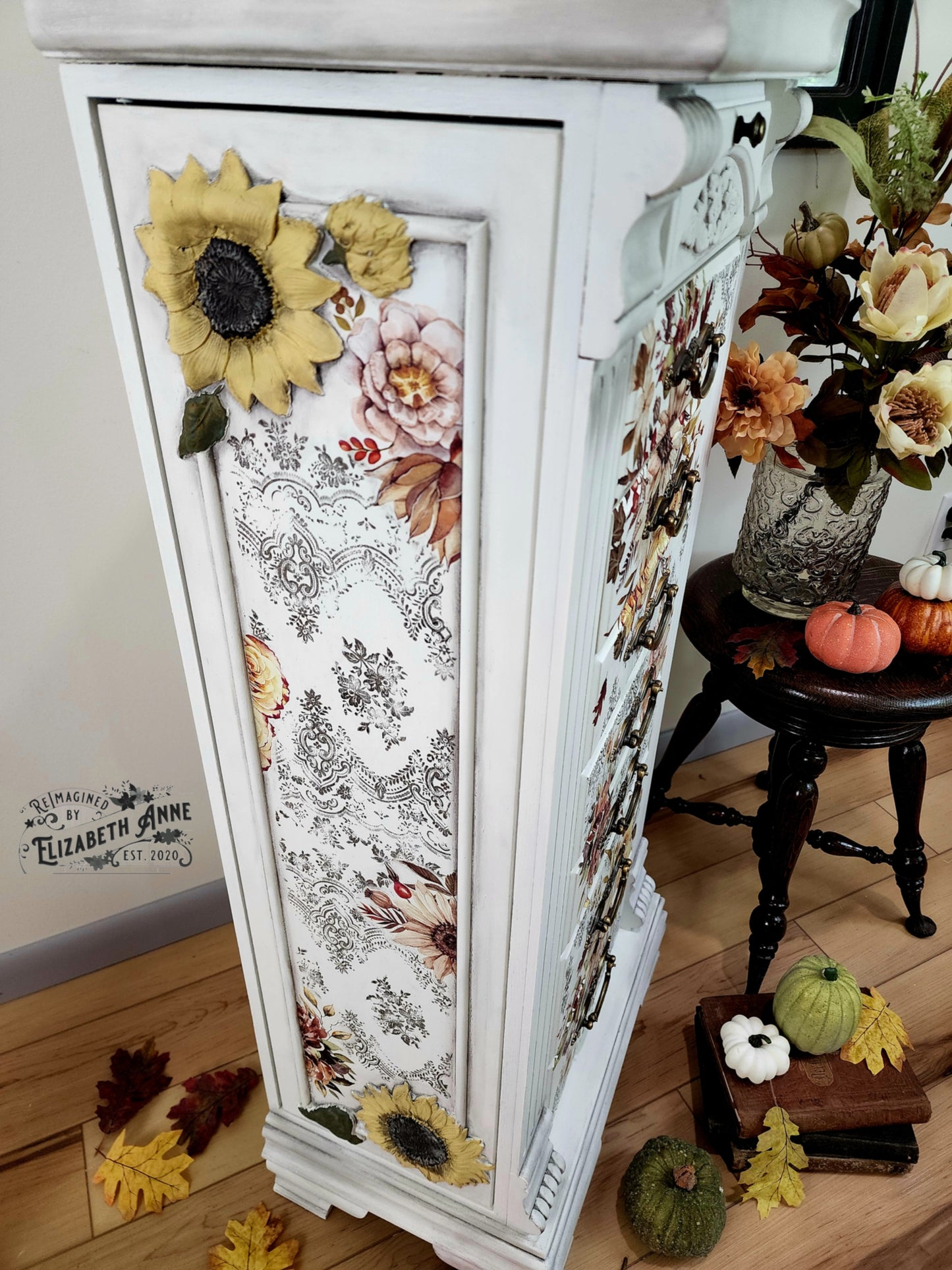 Sunflower Boho White, Olive Green, Black Antiqued Jewelry Armoire | Freestanding, Velvet Lined, Distressed Stripes & Vintage Gold Hardware