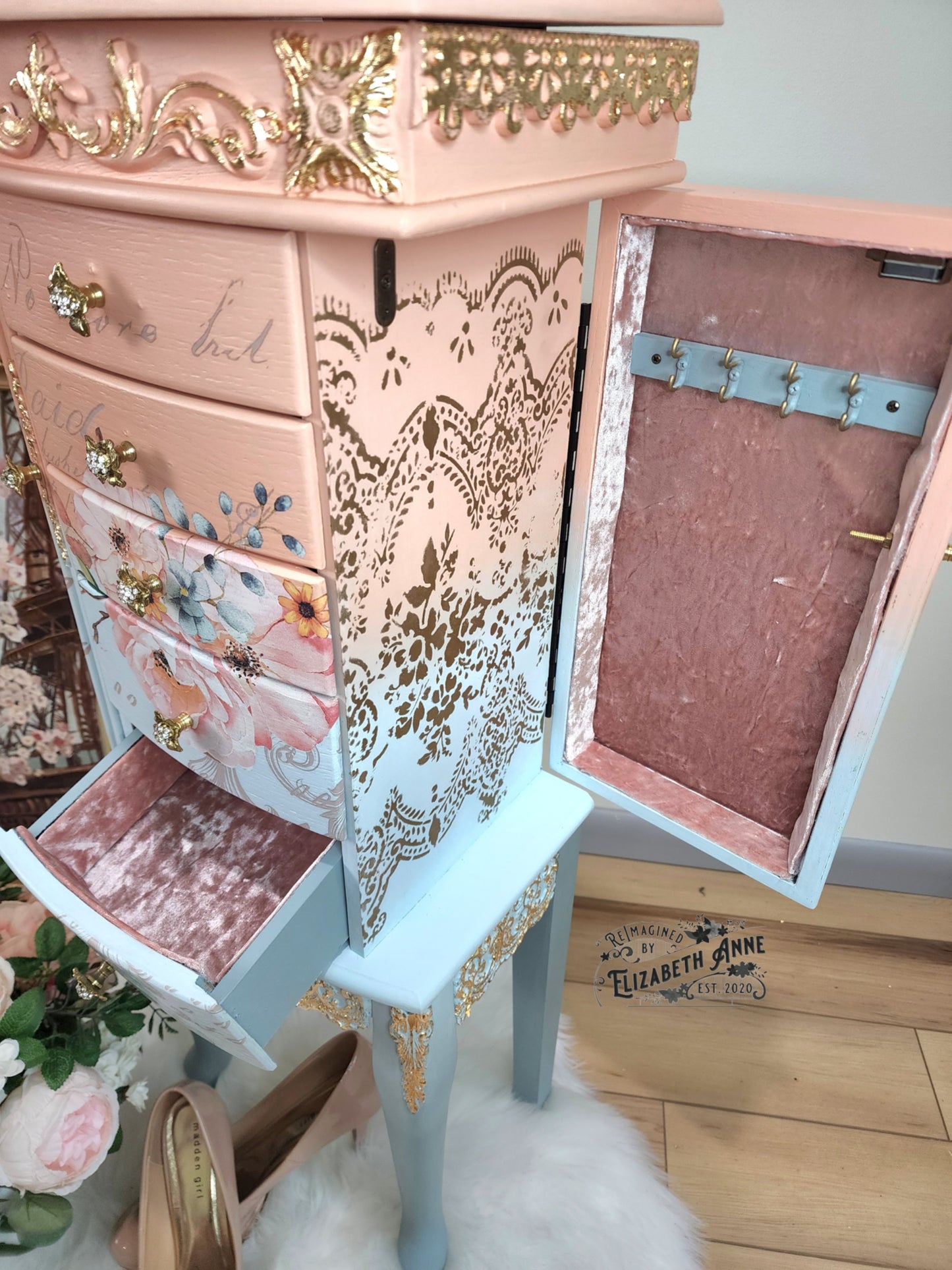 Fairytale Jewelry Armoire | Pink, Apricot, Light Blue, Gray-Blue & Gold Details | Floral Jewelry Storage | French Jewelry Box