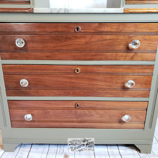 Victorian "East Lake Style" Mid-Late 1800s Dresser | Marble Top & Walnut Dresser | Olive Green and Natural Wood