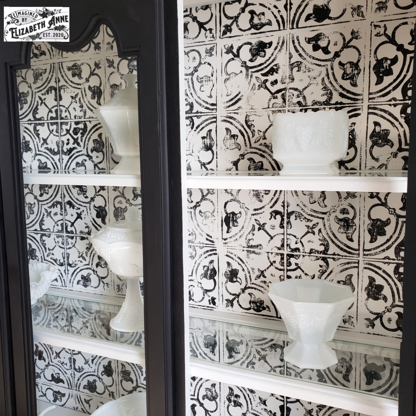 Vintage China Hutch in Modern Matte Black and Copper Handles, Stamped Black and White Lighted Hutch | Oak Storage Kitchen Cabinet