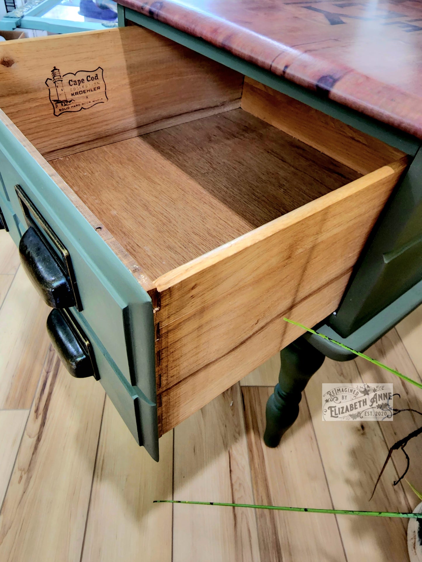 Vintage Industrial End Table in Evergreen Green | Apothecary Style Drawers Bronze Hardware | Antique Weathered Crate Top Print