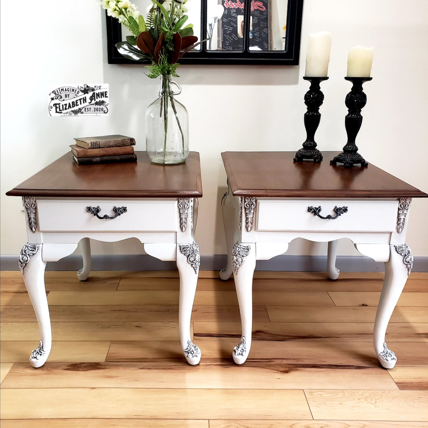 Vintage White End Tables with Beautiful Moulding Antiqued in Dark Brown/Charcoal and Stained "Tobacco" Wood Top | Bedroom Nightstands