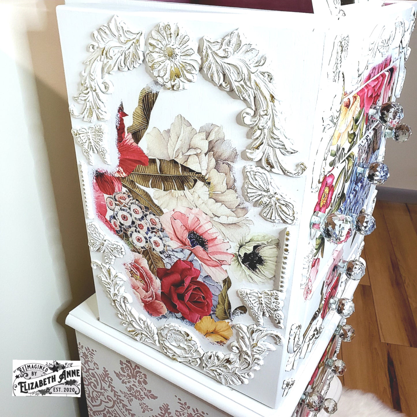 Vintage White & Gold Floral French Jewelry Armoire with Butterflies, Dragonflies, Bees | Hand-painted Pink Jewelry Box Storage