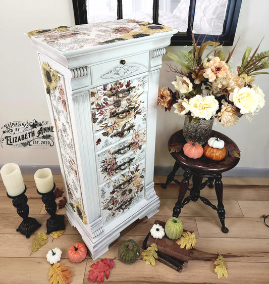 Sunflower Boho White, Olive Green, Black Antiqued Jewelry Armoire | Freestanding, Velvet Lined, Distressed Stripes & Vintage Gold Hardware