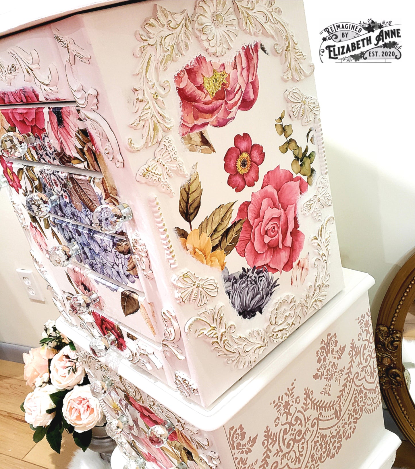 Vintage White & Gold Floral French Jewelry Armoire with Butterflies, Dragonflies, Bees | Hand-painted Pink Jewelry Box Storage