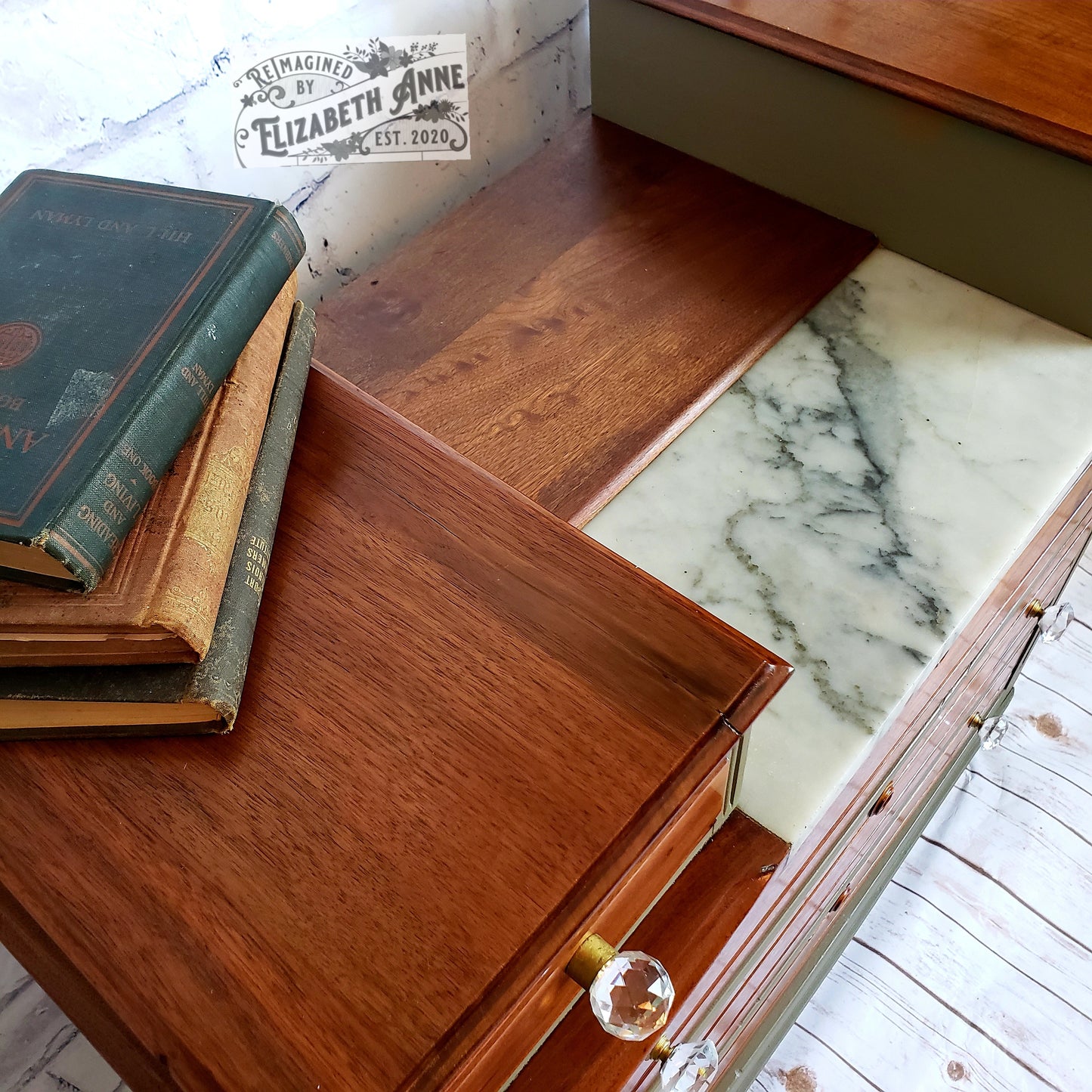 Victorian "East Lake Style" Mid-Late 1800s Dresser | Marble Top & Walnut Dresser | Olive Green and Natural Wood