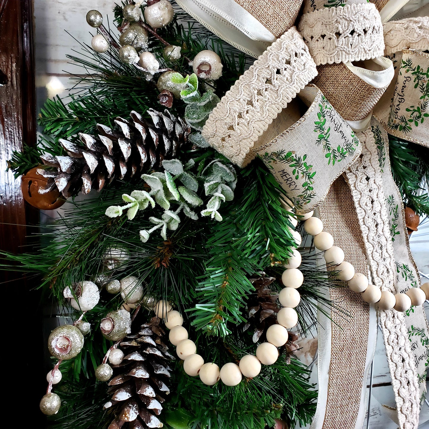 Bicycle Wheel Christmas Wreath with Burlap, Lace, Farmhouse Beads, Pinecones, Sleigh Bells, Eucalyptus | Country Cottage Christmas