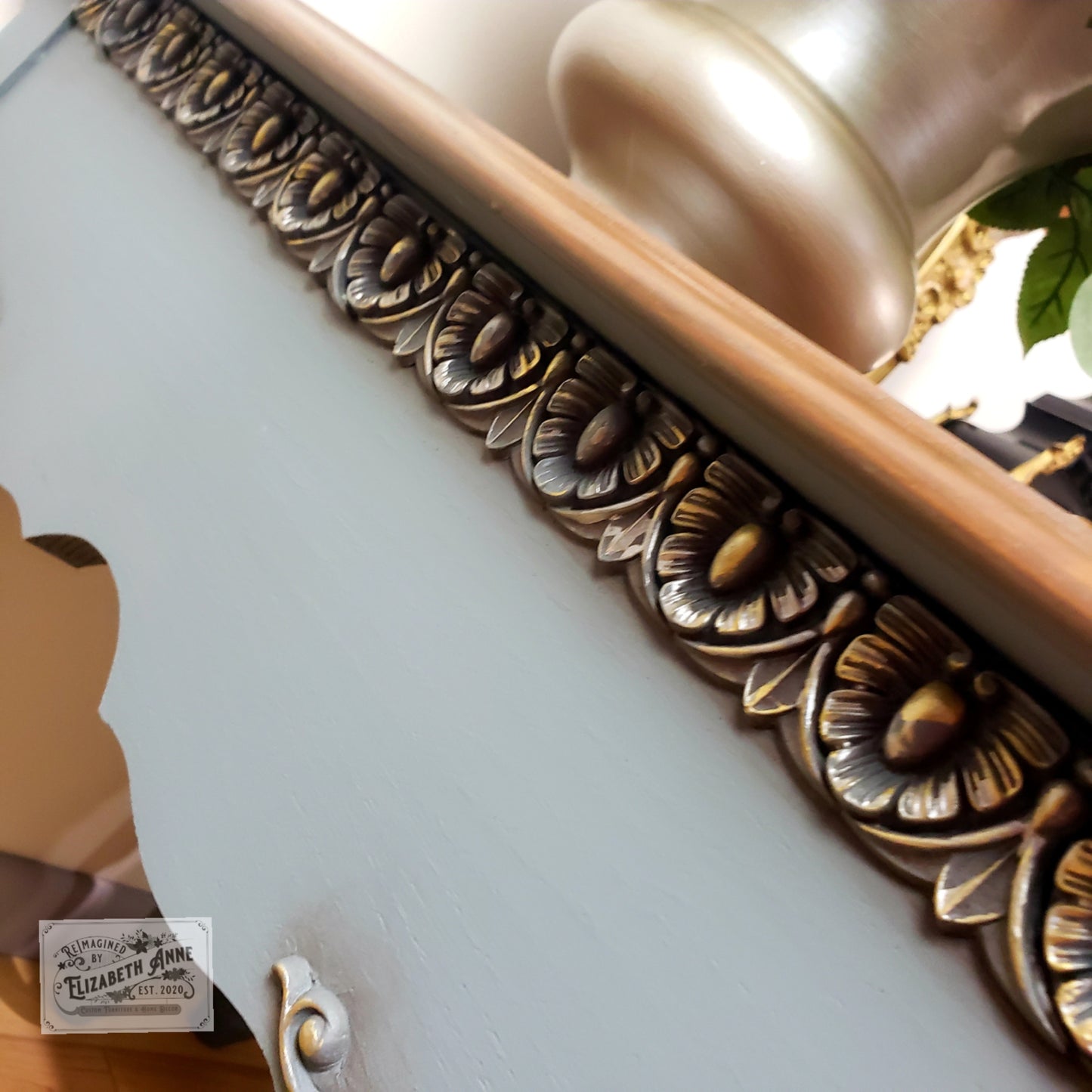 Vintage Pair of Nightstands in Warm Brown, Gold & Pewter Silver | Scroll Moulding Details, Tobacco Stained Oak Top with Drawer