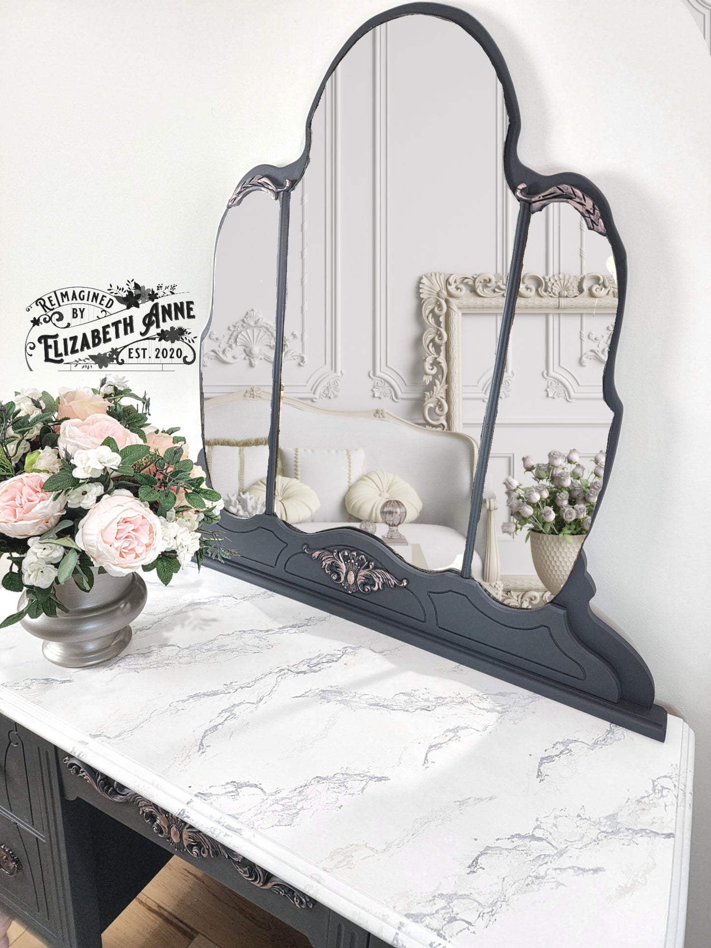 Charcoal and Rose Gold Pink Antique Vanity | Vintage Rose and Floral Makeup Station Storage | French Glamour Solid Wood Dovetailed Drawers