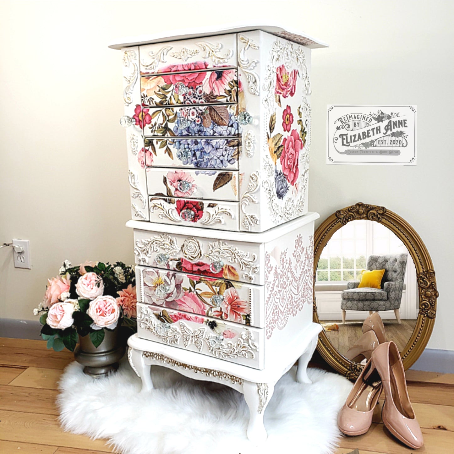Vintage White & Gold Floral French Jewelry Armoire with Butterflies, Dragonflies, Bees | Hand-painted Pink Jewelry Box Storage