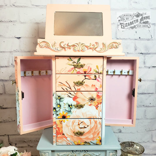 Fairytale Jewelry Armoire | Pink, Apricot, Light Blue, Gray-Blue & Gold Details | Floral Jewelry Storage | French Jewelry