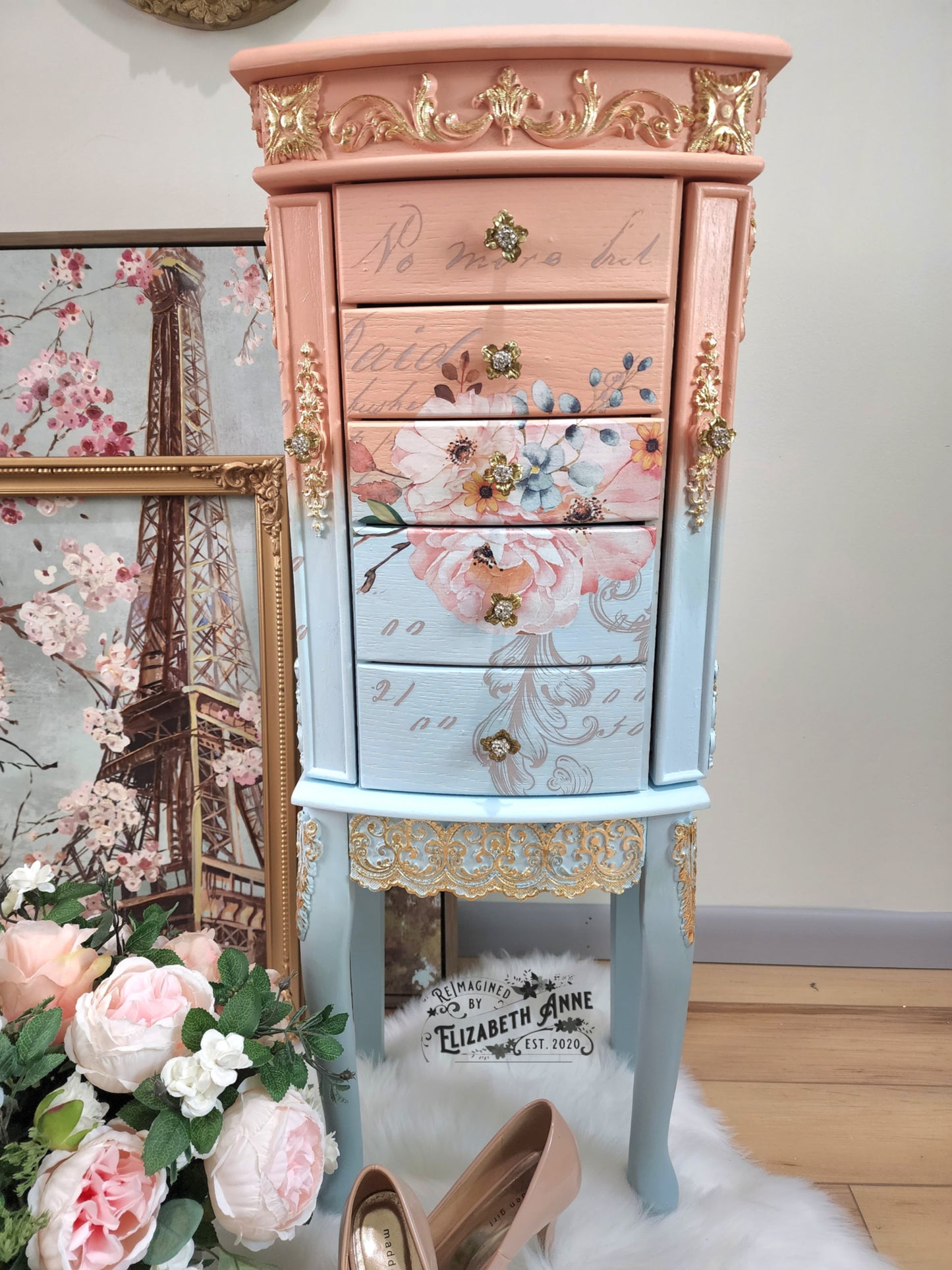 Fairytale Jewelry Armoire | Pink, Apricot, Light Blue, Gray-Blue & Gold Details | Floral Jewelry Storage | French Jewelry Box