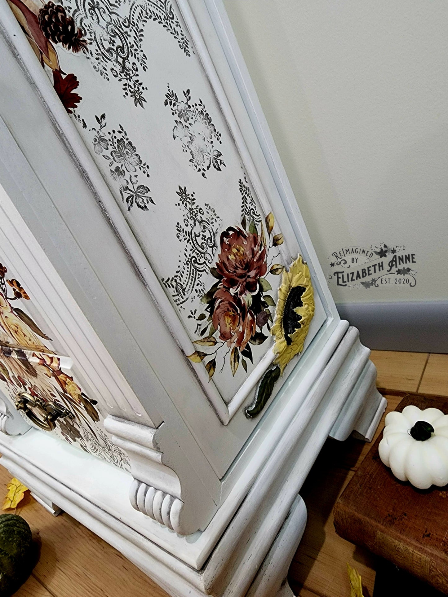 Sunflower Boho White, Olive Green, Black Antiqued Jewelry Armoire | Freestanding, Velvet Lined, Distressed Stripes & Vintage Gold Hardware