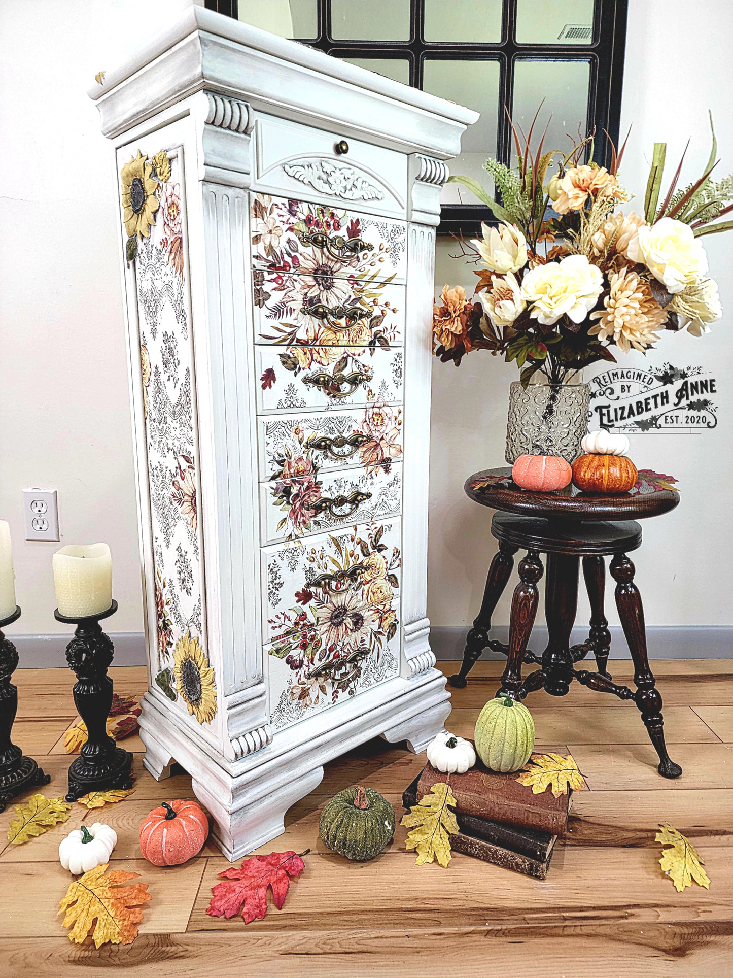 Sunflower Boho White, Olive Green, Black Antiqued Jewelry Armoire | Freestanding, Velvet Lined, Distressed Stripes & Vintage Gold Hardware