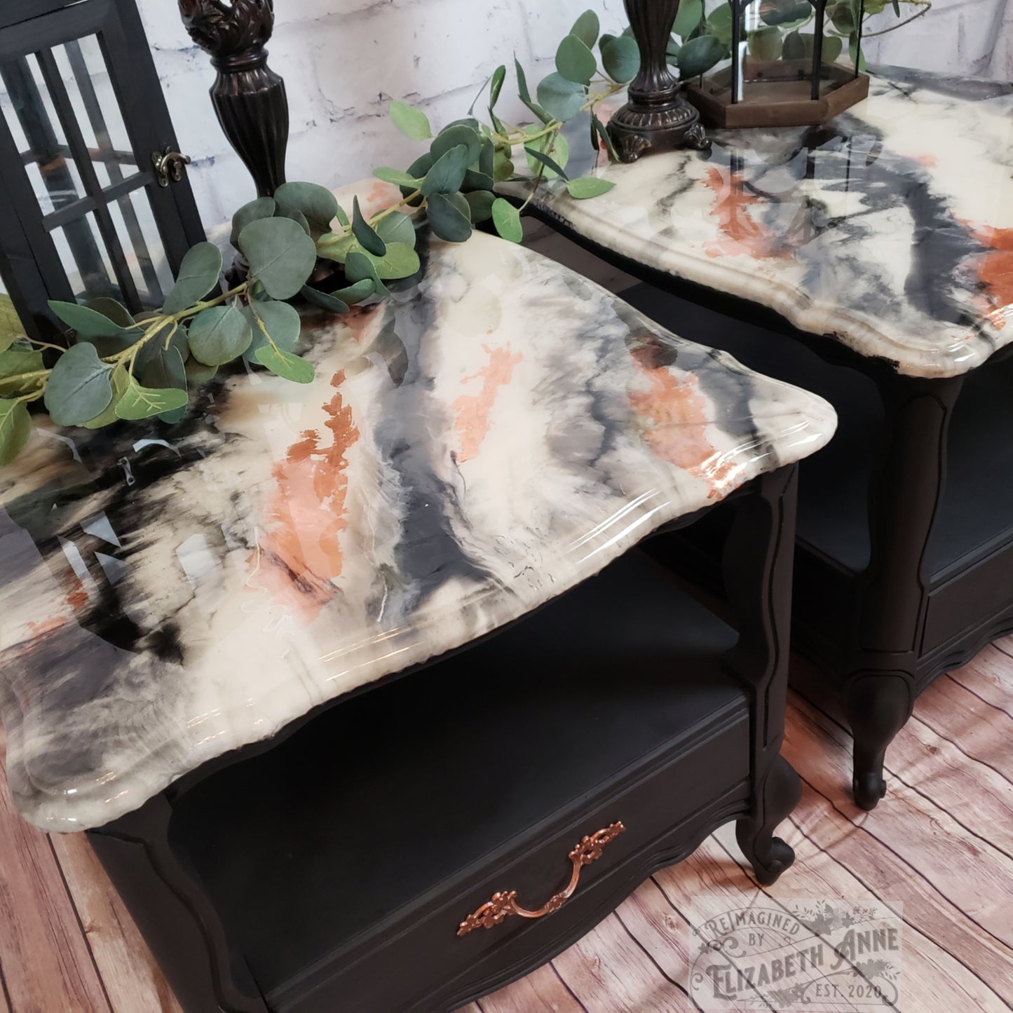 Set of 2 Nightstands/End Tables/ Faux "Marble" Epoxy Top with Matte Black and Copper Accents | Industrial Farmhouse | French Provincial