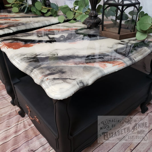 Set of 2 Nightstands/End Tables/ Faux "Marble" Epoxy Top with Matte Black and Copper Accents | Industrial Farmhouse | French Provincial