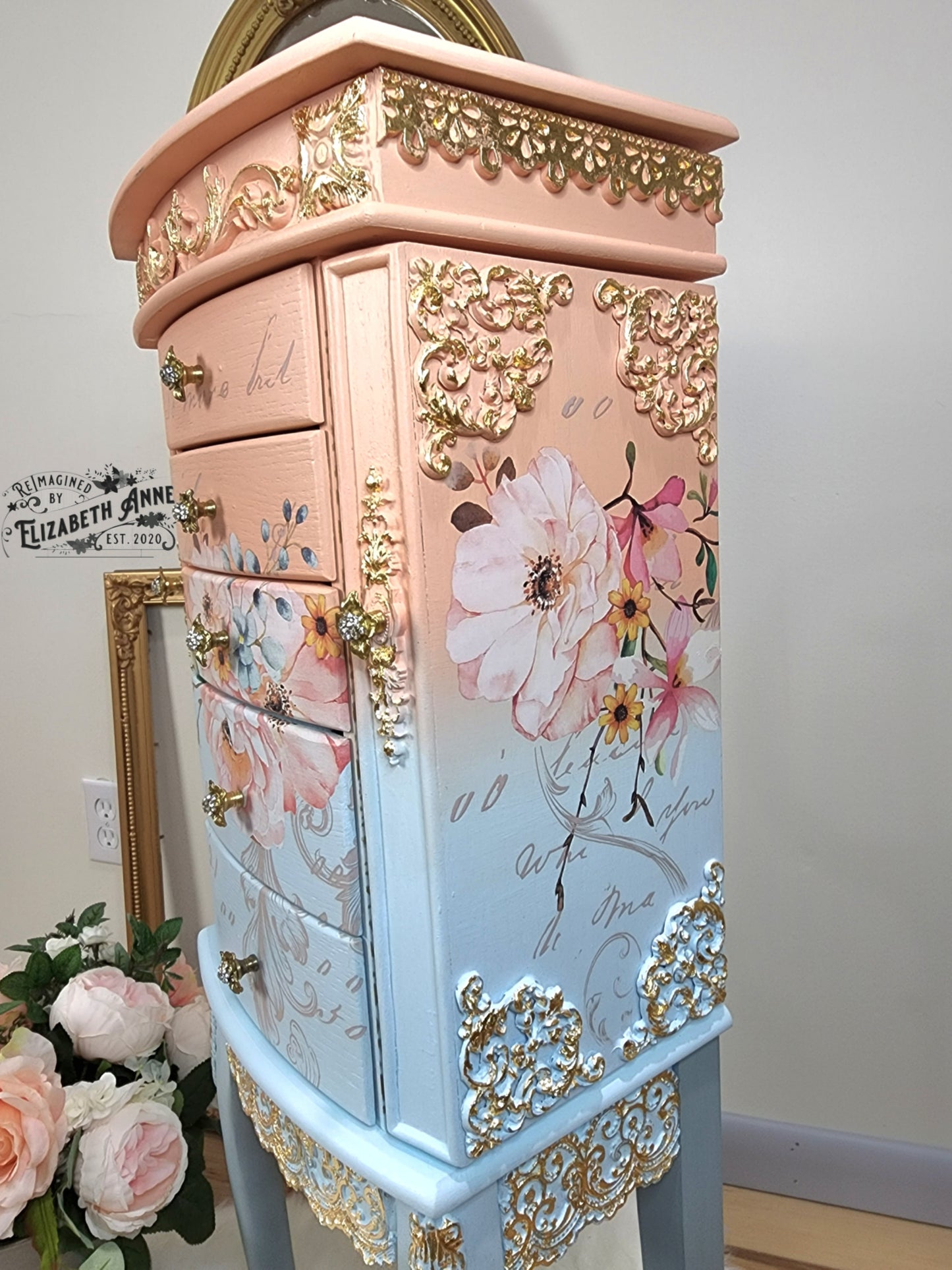Fairytale Jewelry Armoire | Pink, Apricot, Light Blue, Gray-Blue & Gold Details | Floral Jewelry Storage | French Jewelry Box