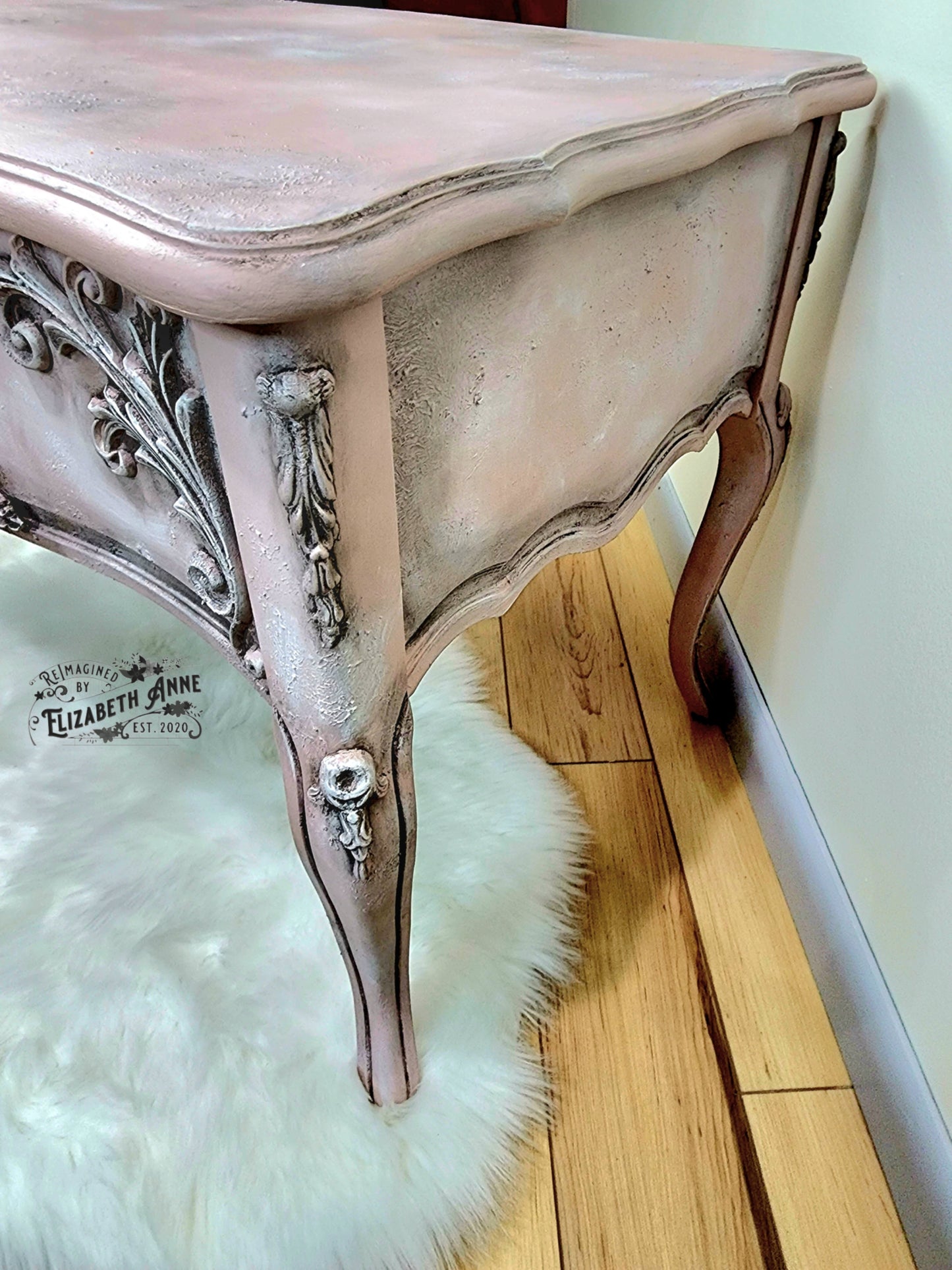 Pair of French Provincial Nightstands in Blush Pink, White & Black Antiquing | Solid Wood, Dovetail Drawers | Vintage End Tables