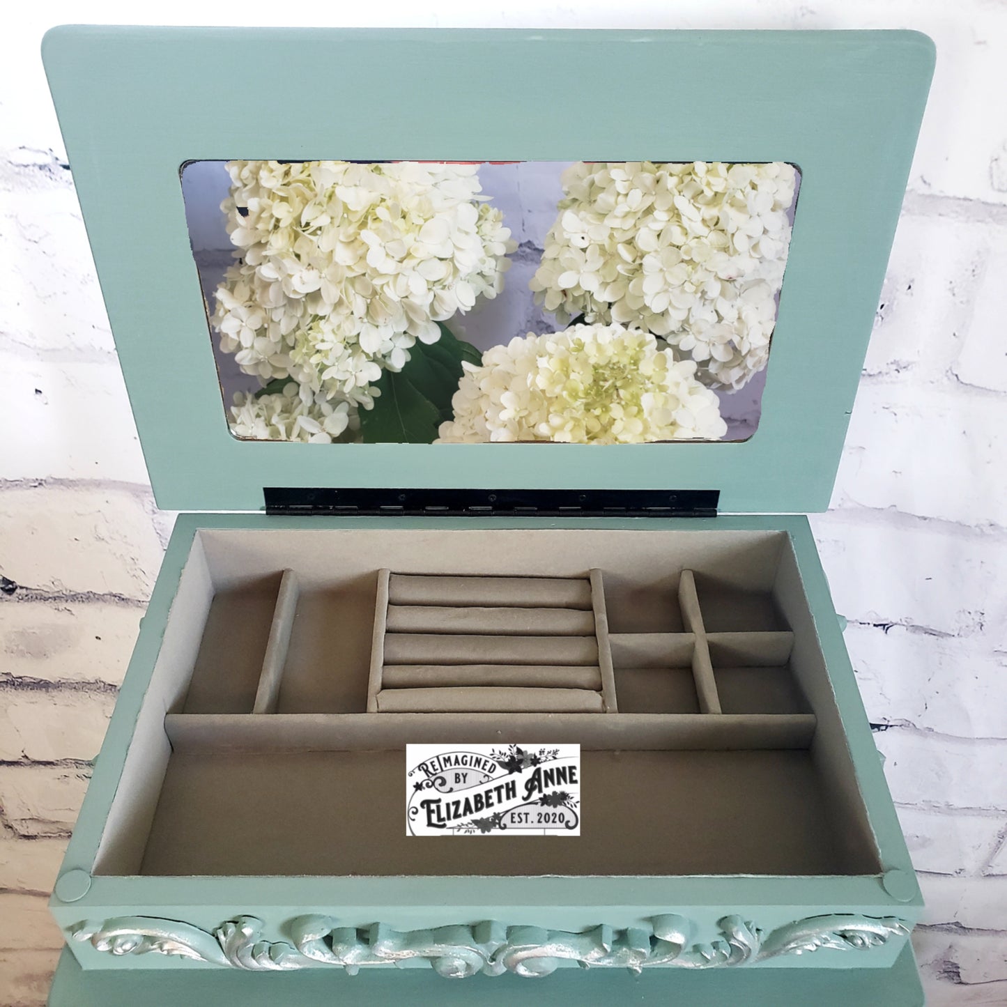 Bird and Floral Blossom Jewelry Armoire | Greens, Blues, Whites, Silver, Gray | Custom Bedroom Storage | Custom Gifts