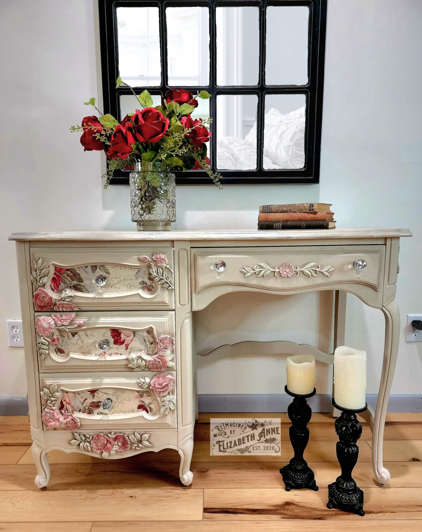 French Country Pink Rose Desk in Ivory & Beige | Makeup Station French Provincial | Natural Earthy Brown Vanity | Glam Storage