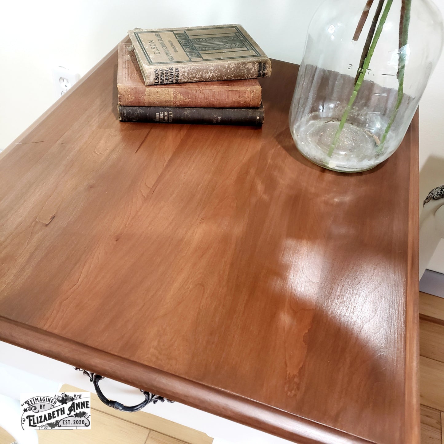 Vintage White End Tables with Beautiful Moulding Antiqued in Dark Brown/Charcoal and Stained "Tobacco" Wood Top | Bedroom Nightstands