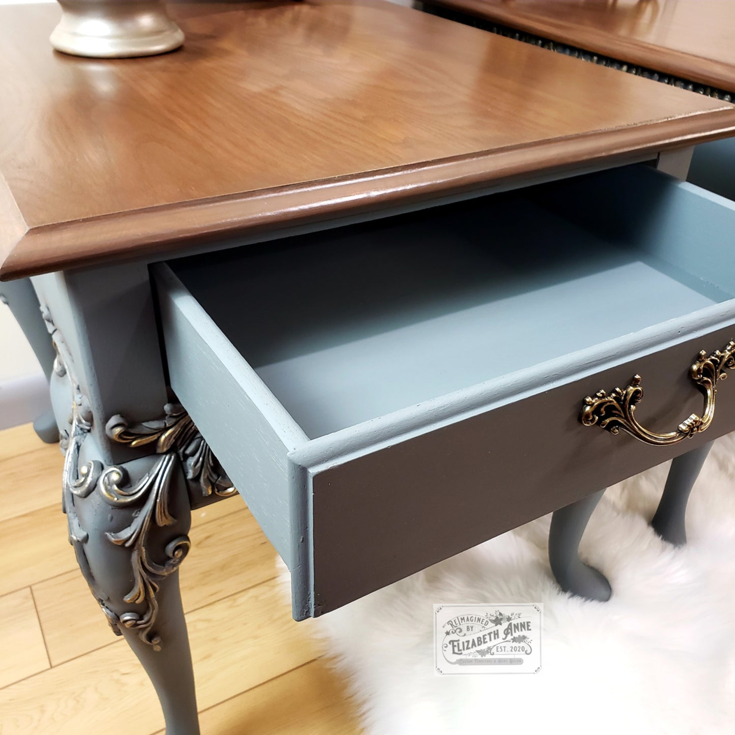 Vintage Pair of Nightstands in Warm Brown, Gold & Pewter Silver | Scroll Moulding Details, Tobacco Stained Oak Top with Drawer