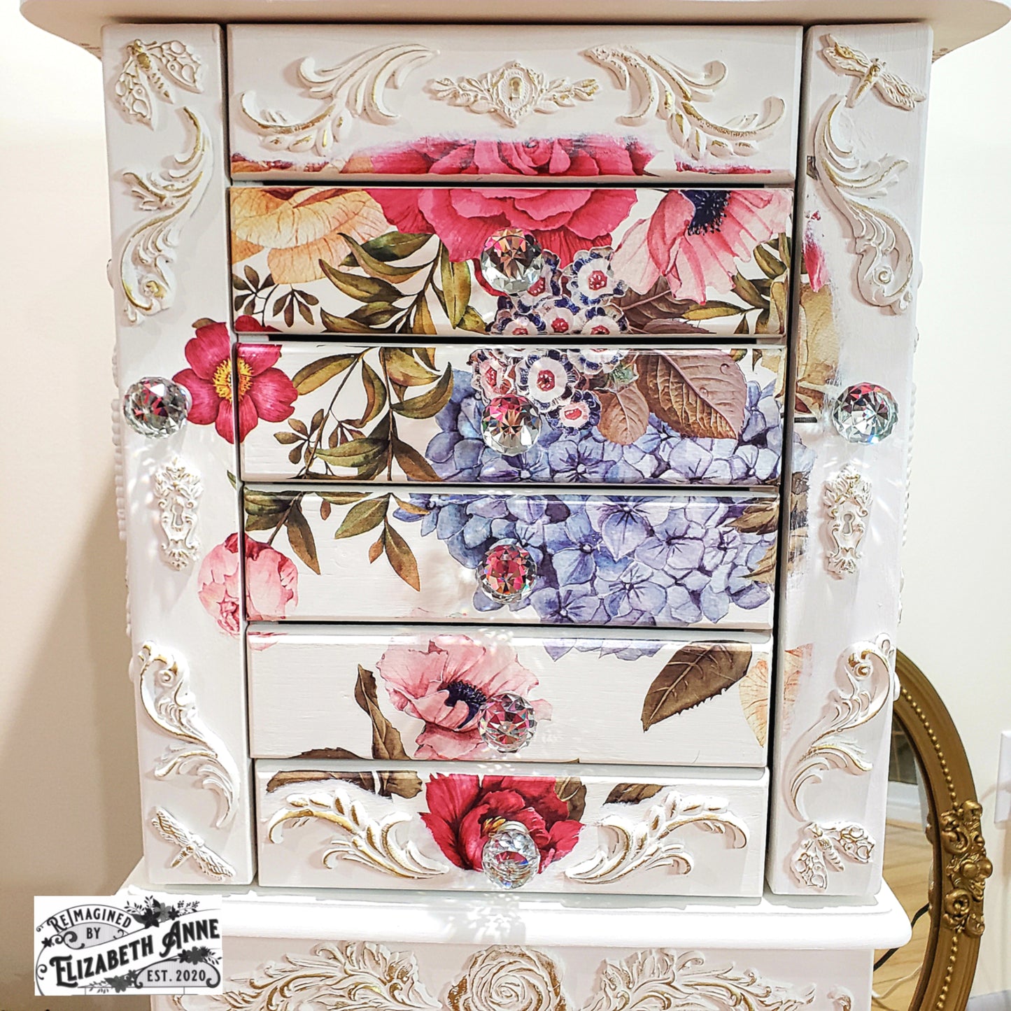 Vintage White & Gold Floral French Jewelry Armoire with Butterflies, Dragonflies, Bees | Hand-painted Pink Jewelry Box Storage