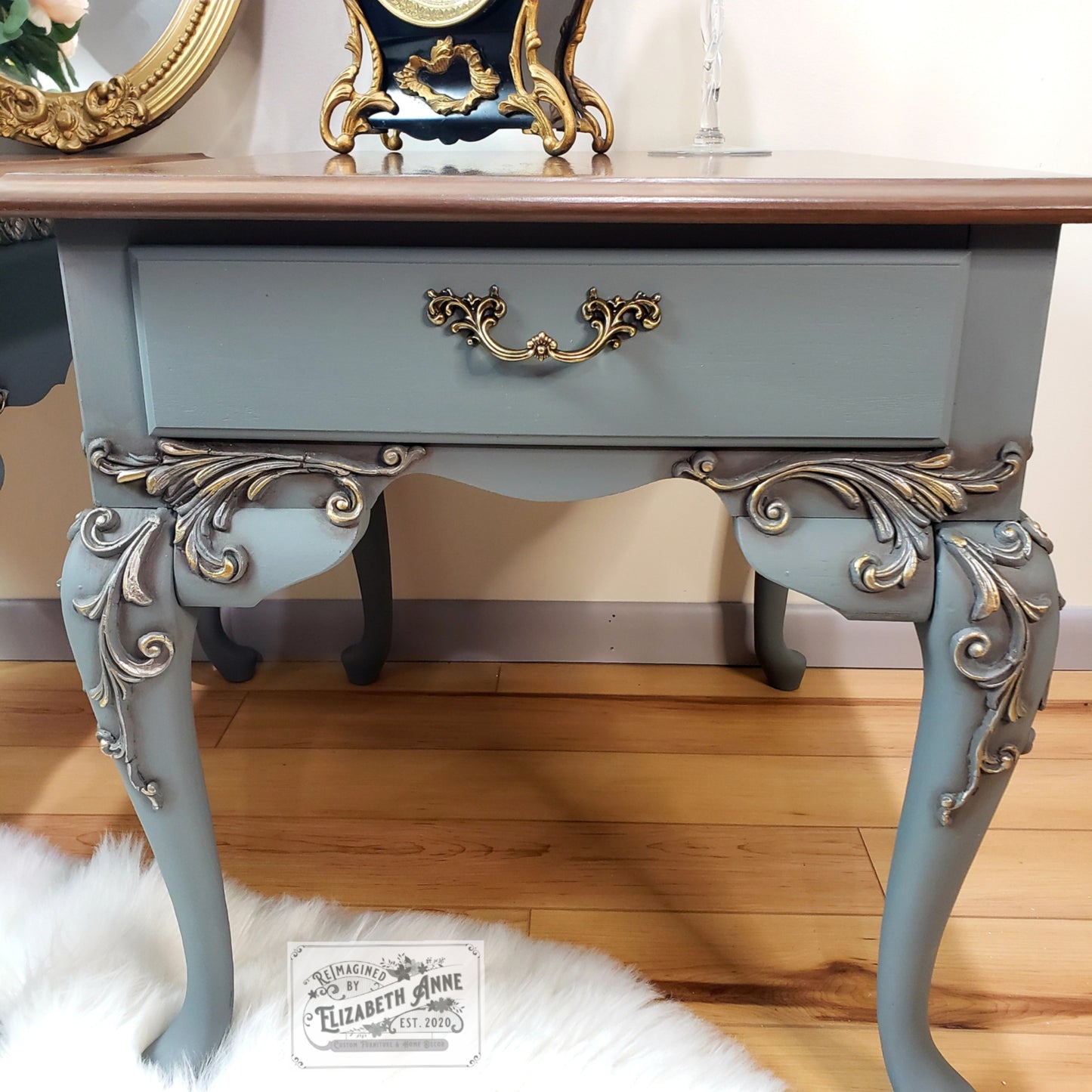 Vintage Pair of Nightstands in Warm Brown, Gold & Pewter Silver | Scroll Moulding Details, Tobacco Stained Oak Top with Drawer