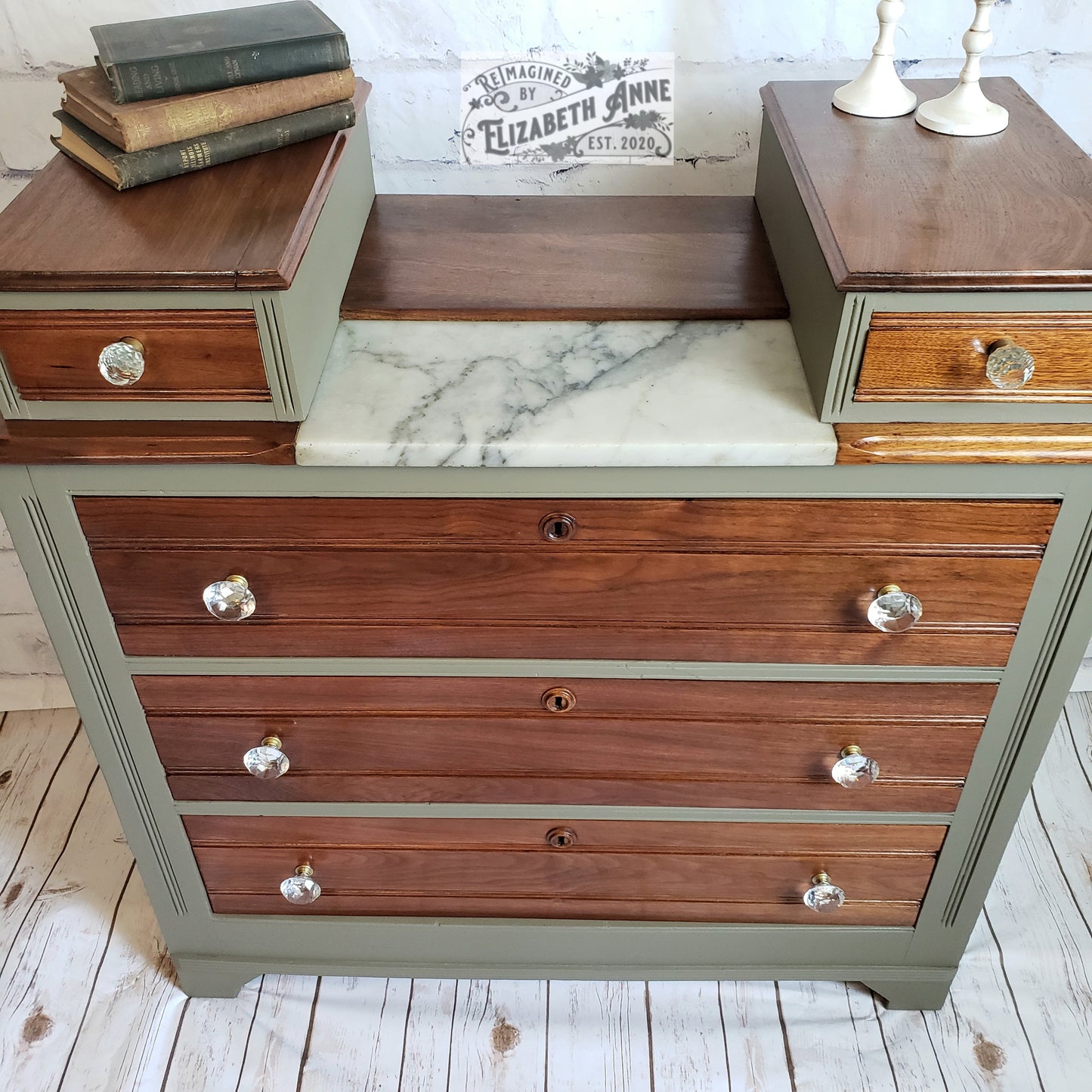 Victorian "East Lake Style" Mid-Late 1800s Dresser | Marble Top & Walnut Dresser | Olive Green and Natural Wood