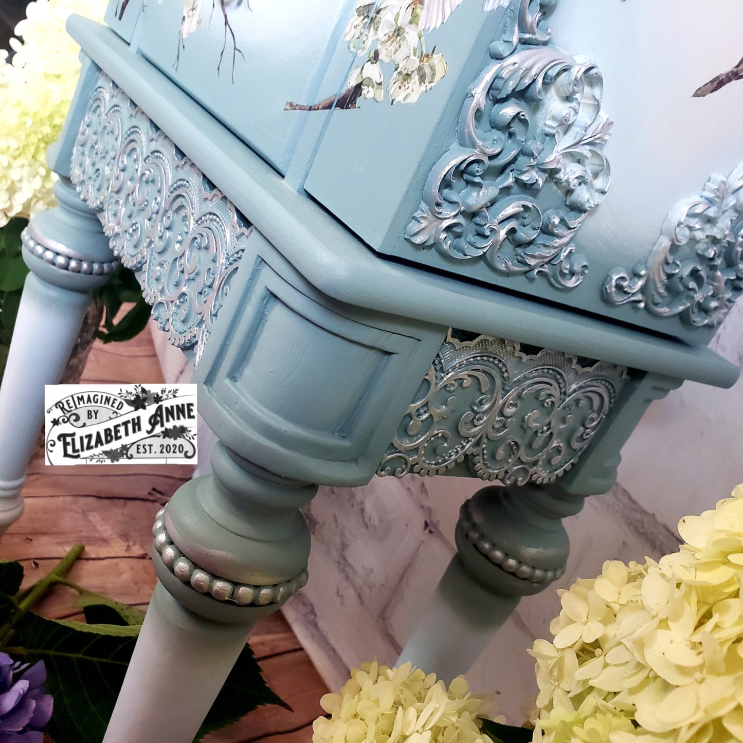 Bird and Floral Blossom Jewelry Armoire | Greens, Blues, Whites, Silver, Gray | Custom Bedroom Storage | Custom Gifts