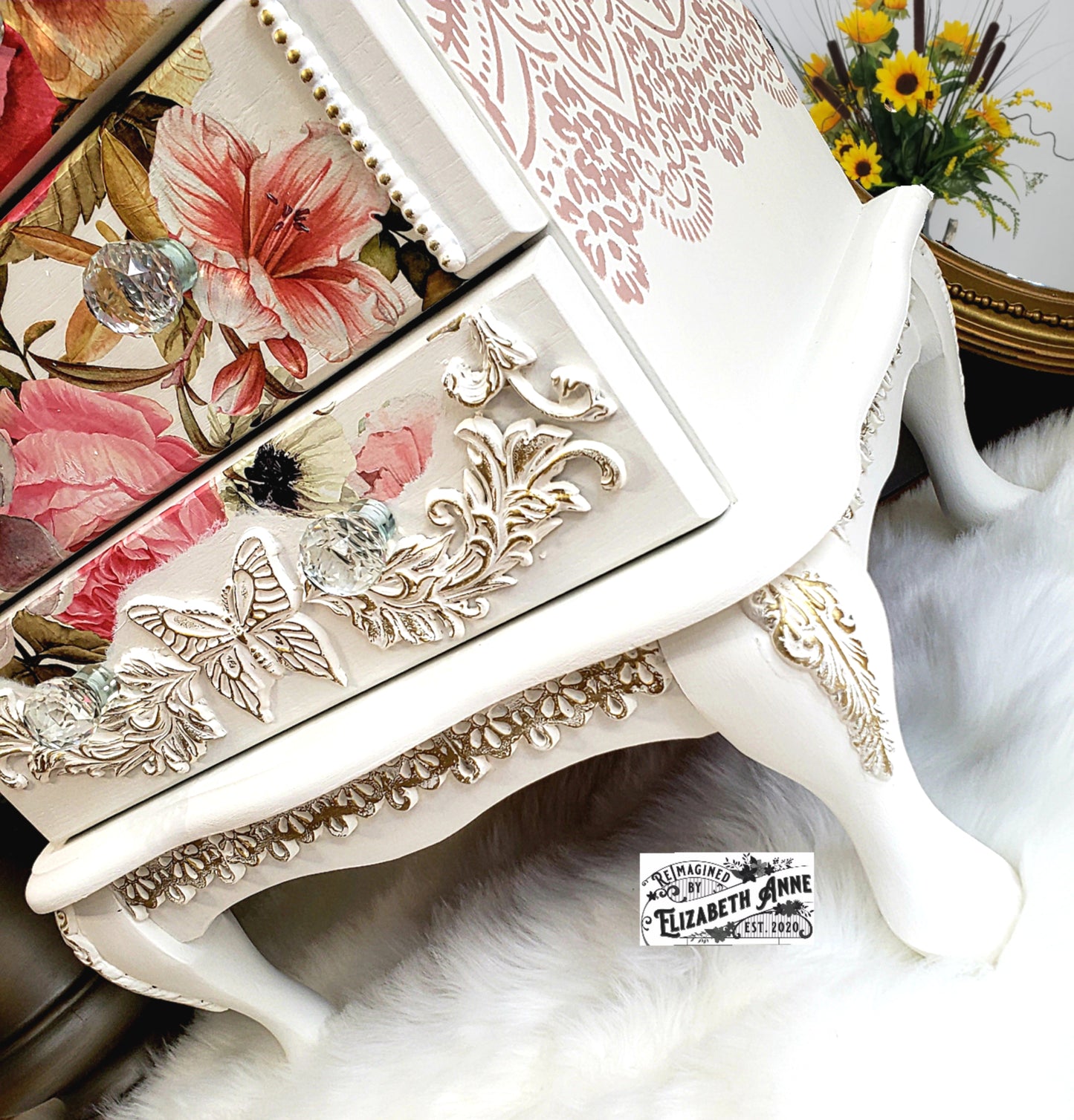 Vintage White & Gold Floral French Jewelry Armoire with Butterflies, Dragonflies, Bees | Hand-painted Pink Jewelry Box Storage