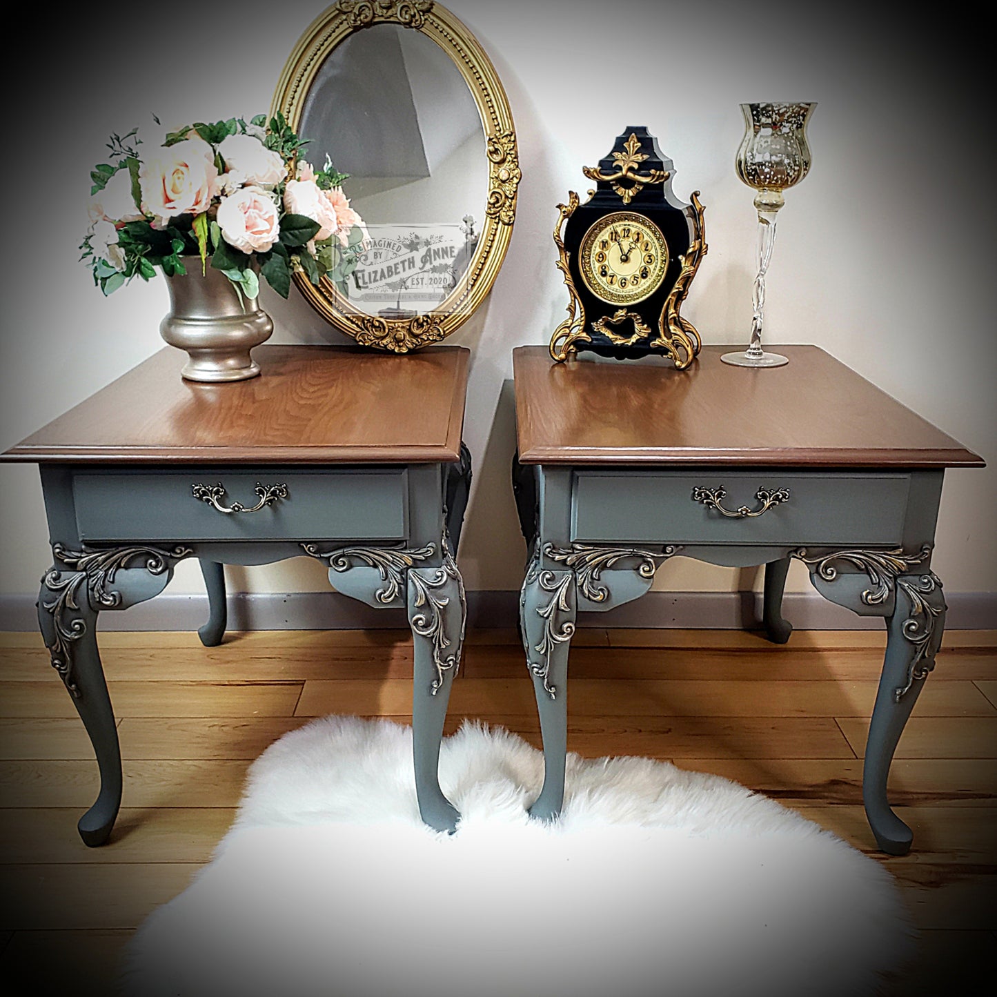 Vintage Pair of Nightstands in Warm Brown, Gold & Pewter Silver | Scroll Moulding Details, Tobacco Stained Oak Top with Drawer