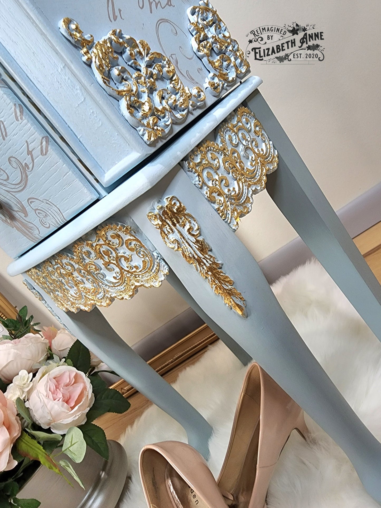 Fairytale Jewelry Armoire | Pink, Apricot, Light Blue, Gray-Blue & Gold Details | Floral Jewelry Storage | French Jewelry Box
