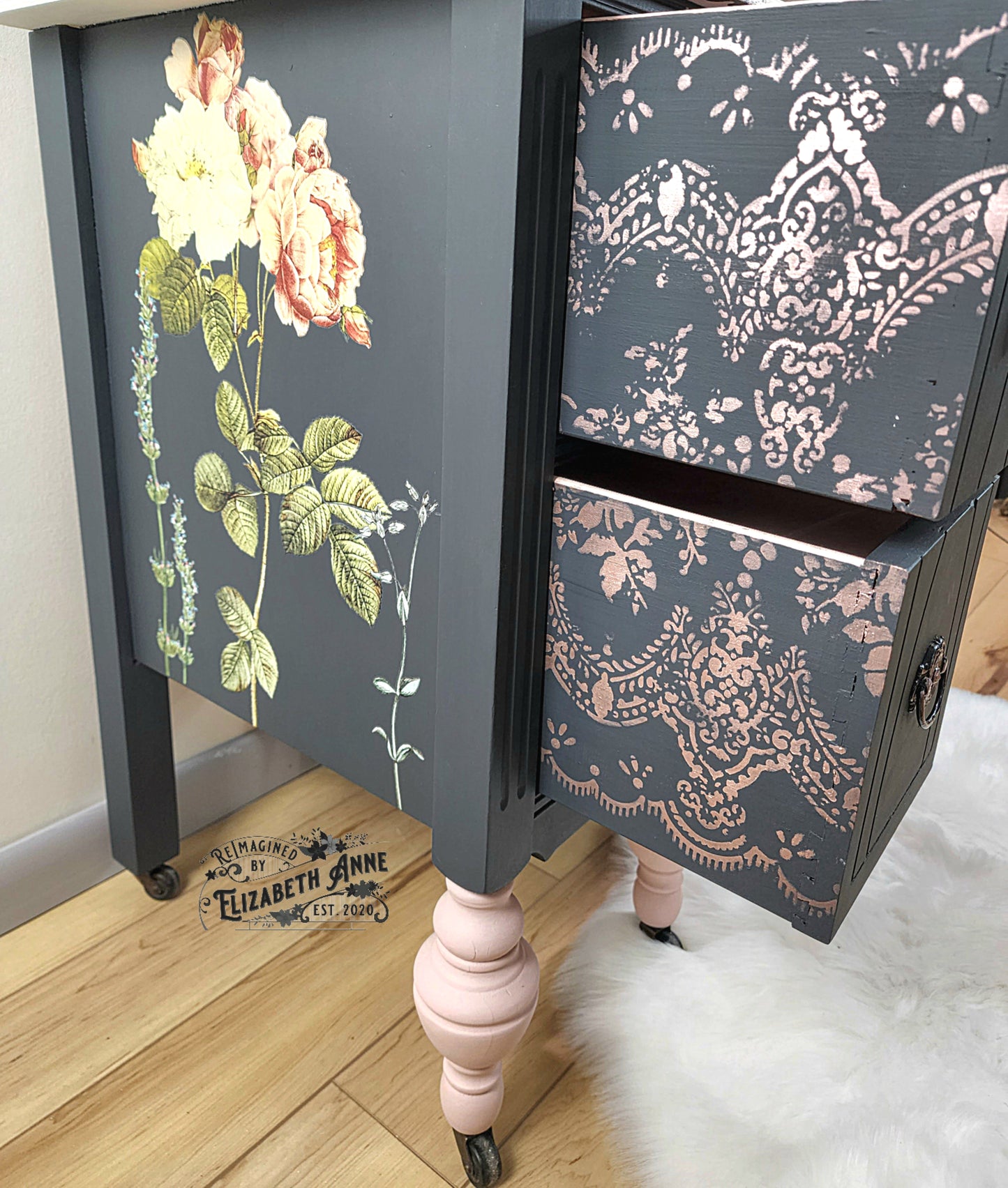 Charcoal and Rose Gold Pink Antique Vanity | Vintage Rose and Floral Makeup Station Storage | French Glamour Solid Wood Dovetailed Drawers