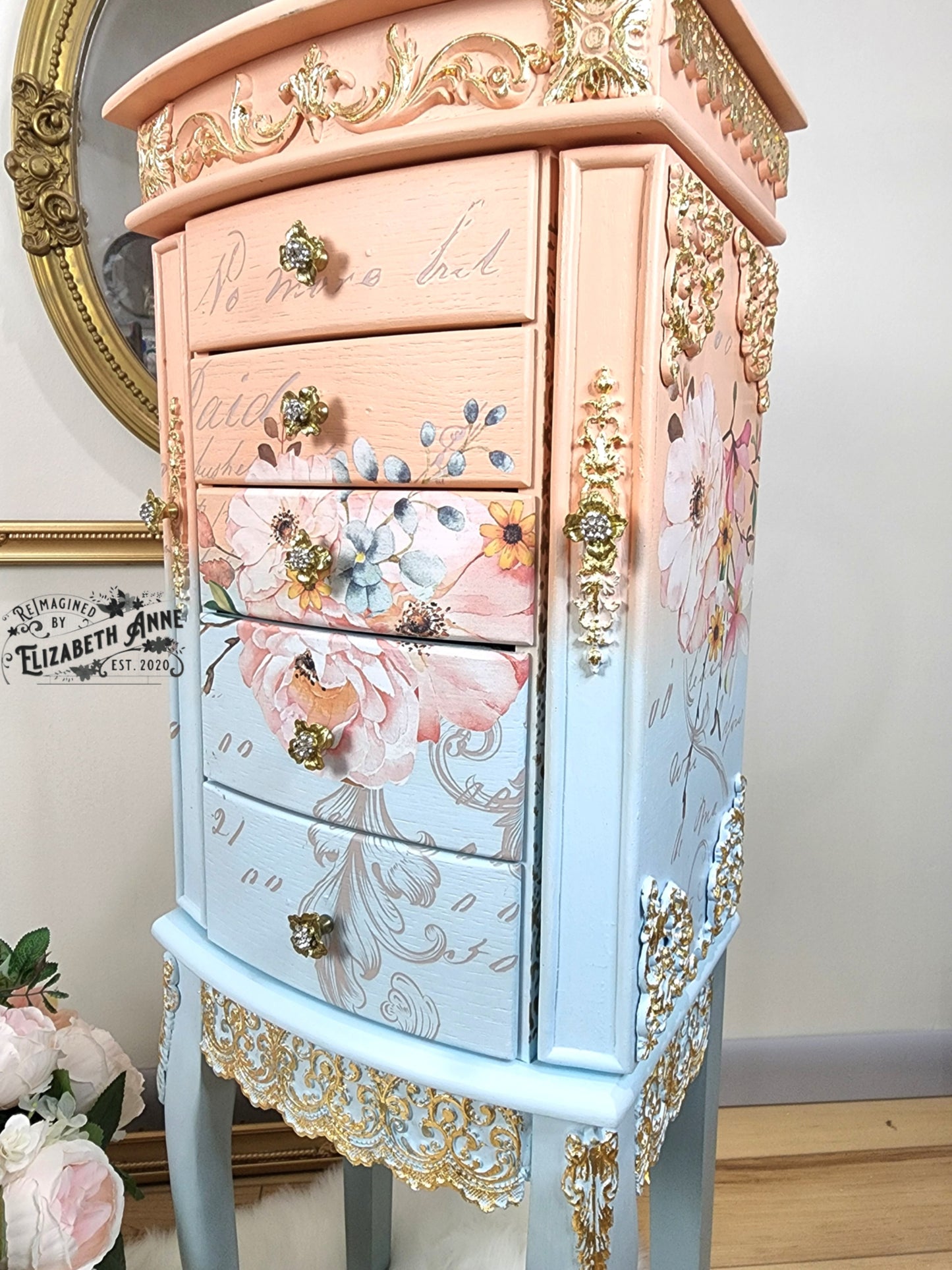 Fairytale Jewelry Armoire | Pink, Apricot, Light Blue, Gray-Blue & Gold Details | Floral Jewelry Storage | French Jewelry Box