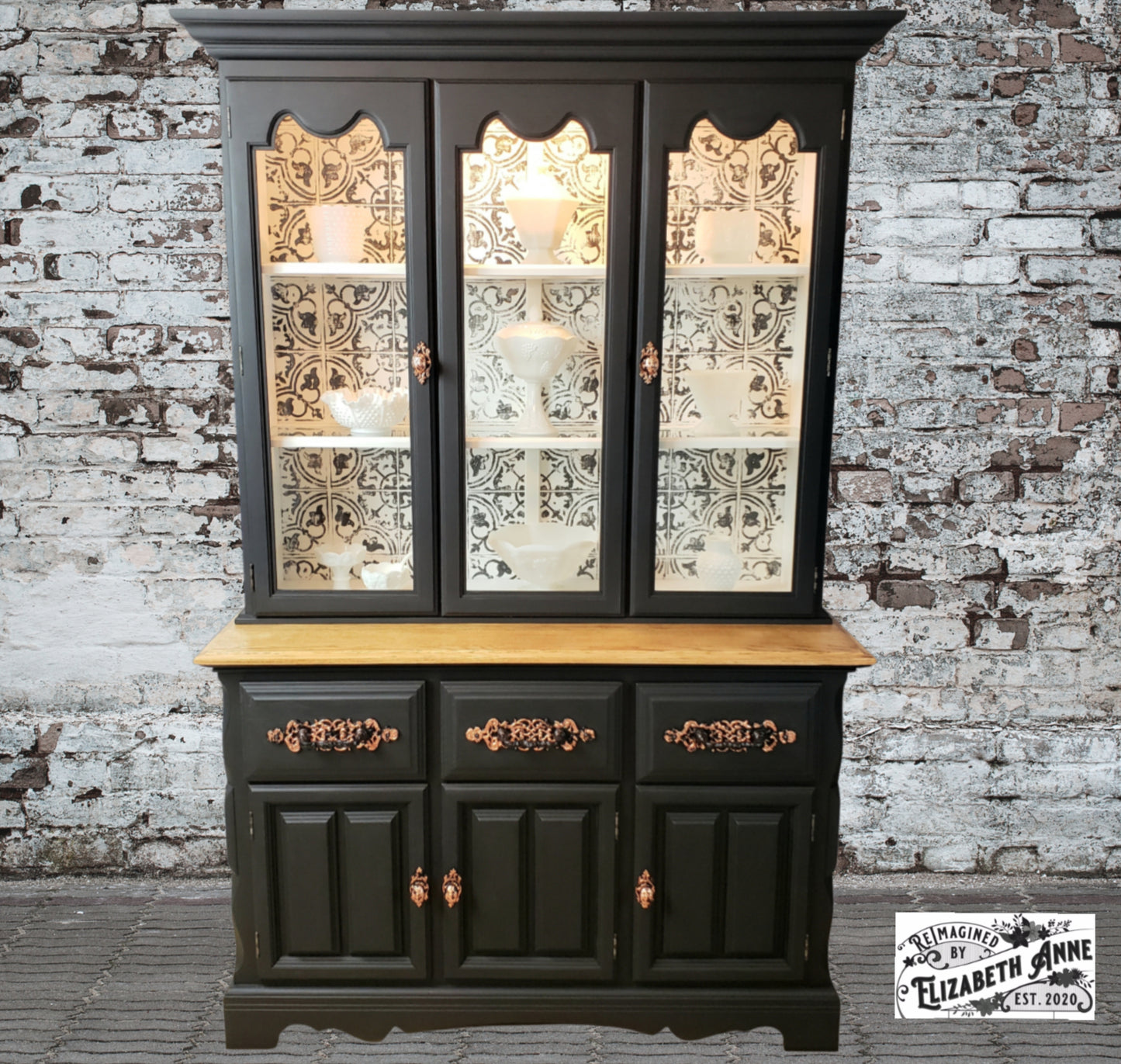Vintage China Hutch in Modern Matte Black and Copper Handles, Stamped Black and White Lighted Hutch | Oak Storage Kitchen Cabinet