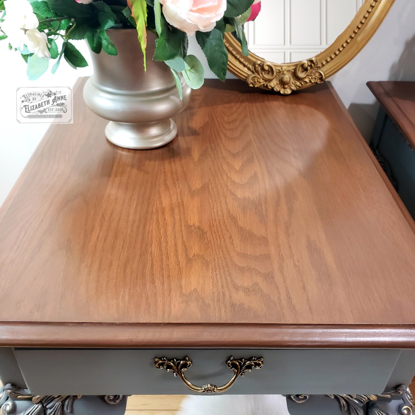 Vintage Pair of Nightstands in Warm Brown, Gold & Pewter Silver | Scroll Moulding Details, Tobacco Stained Oak Top with Drawer