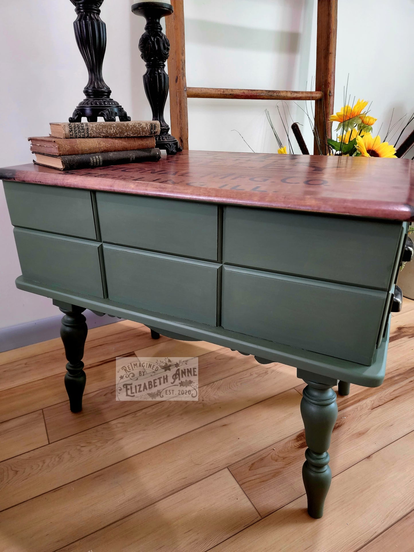 Vintage Industrial End Table in Evergreen Green | Apothecary Style Drawers Bronze Hardware | Antique Weathered Crate Top Print