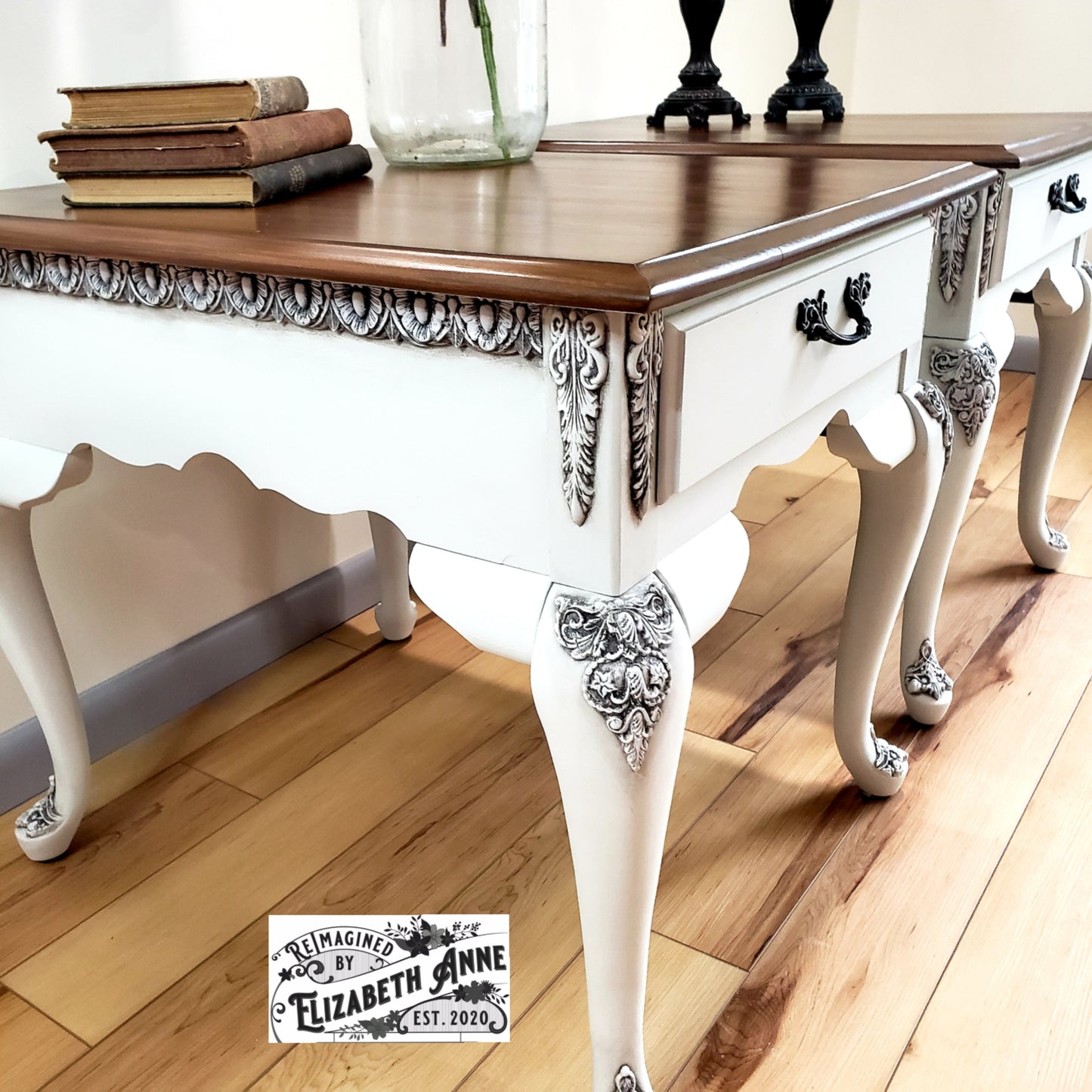 Vintage White End Tables with Beautiful Moulding Antiqued in Dark Brown/Charcoal and Stained "Tobacco" Wood Top | Bedroom Nightstands
