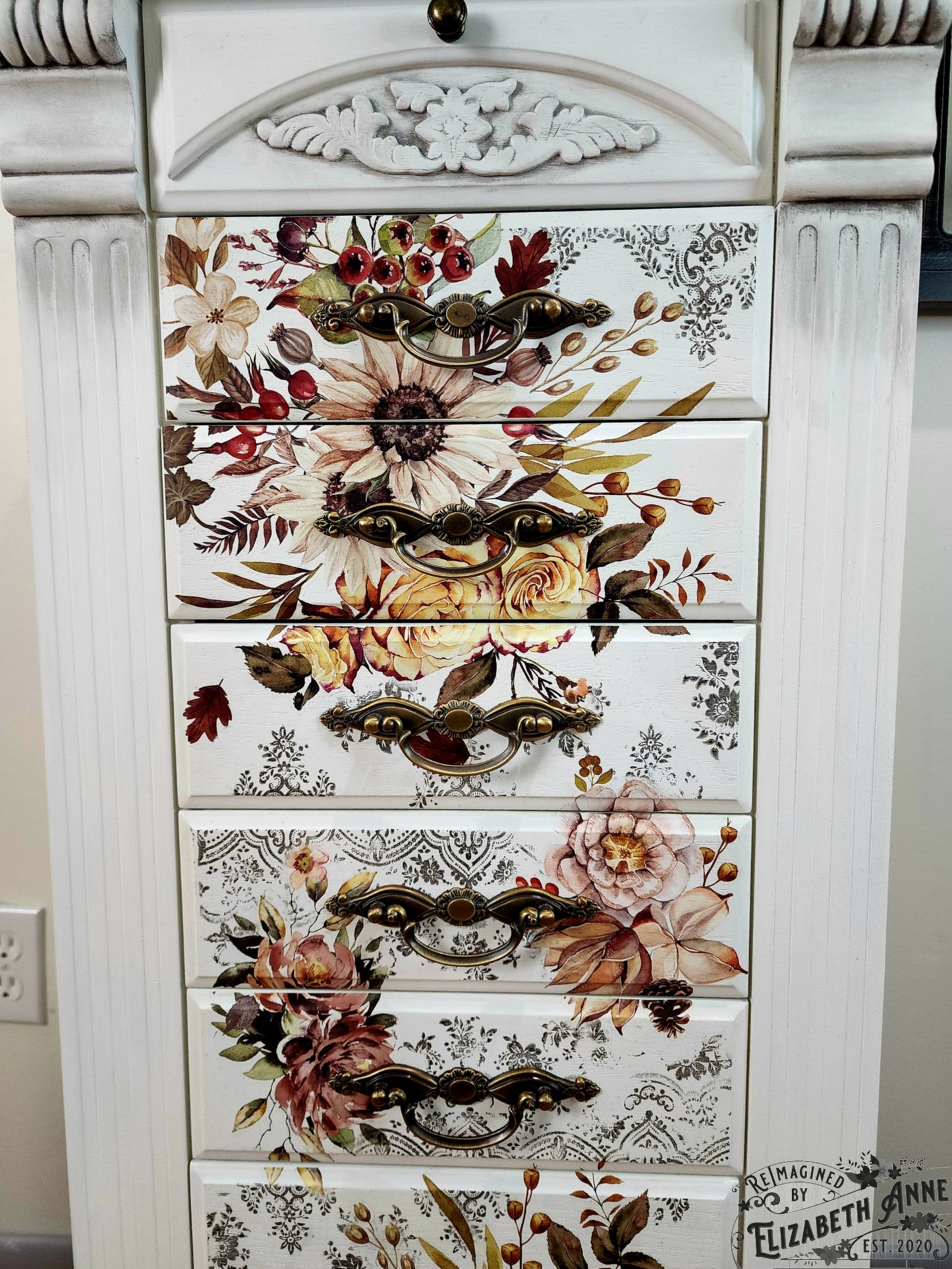 Sunflower Boho White, Olive Green, Black Antiqued Jewelry Armoire | Freestanding, Velvet Lined, Distressed Stripes & Vintage Gold Hardware