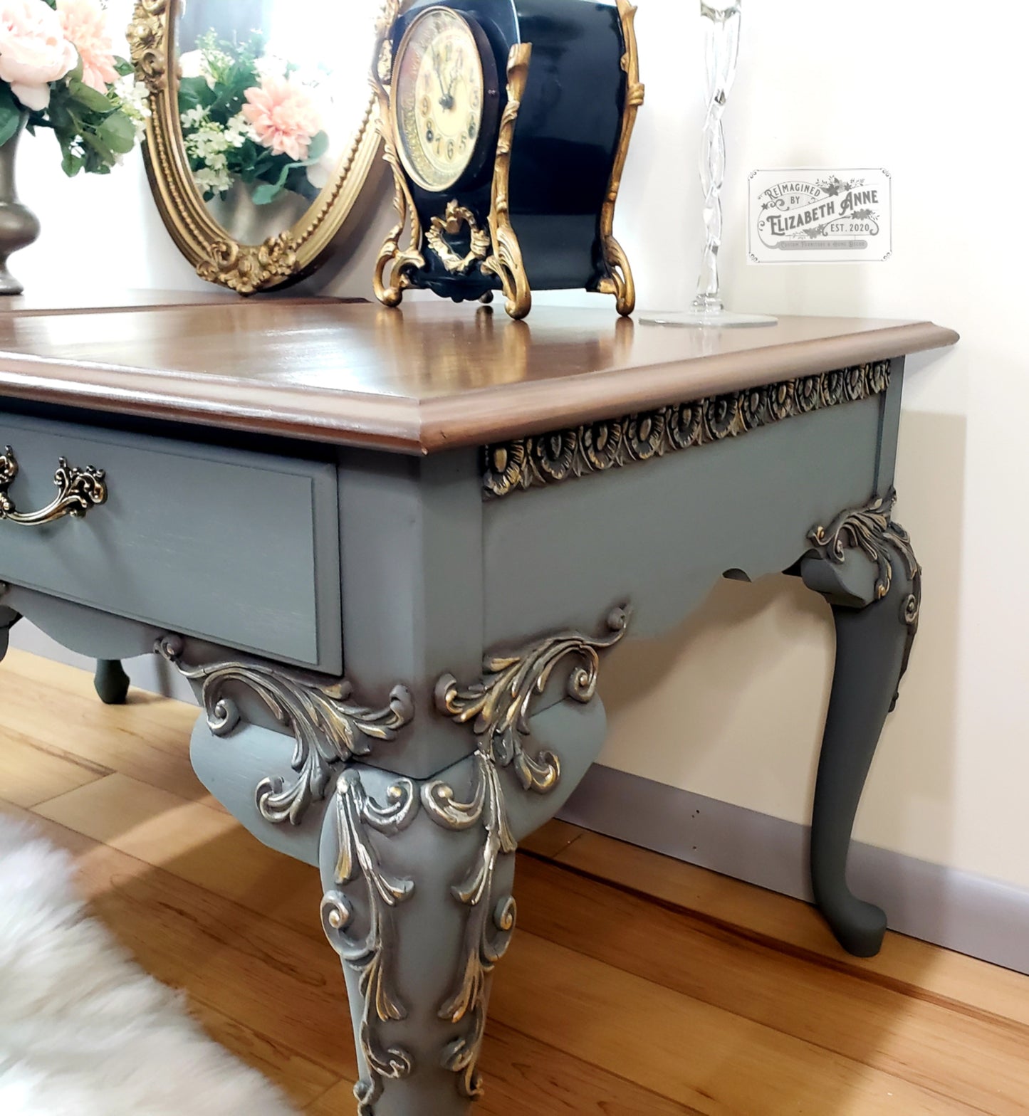 Vintage Pair of Nightstands in Warm Brown, Gold & Pewter Silver | Scroll Moulding Details, Tobacco Stained Oak Top with Drawer