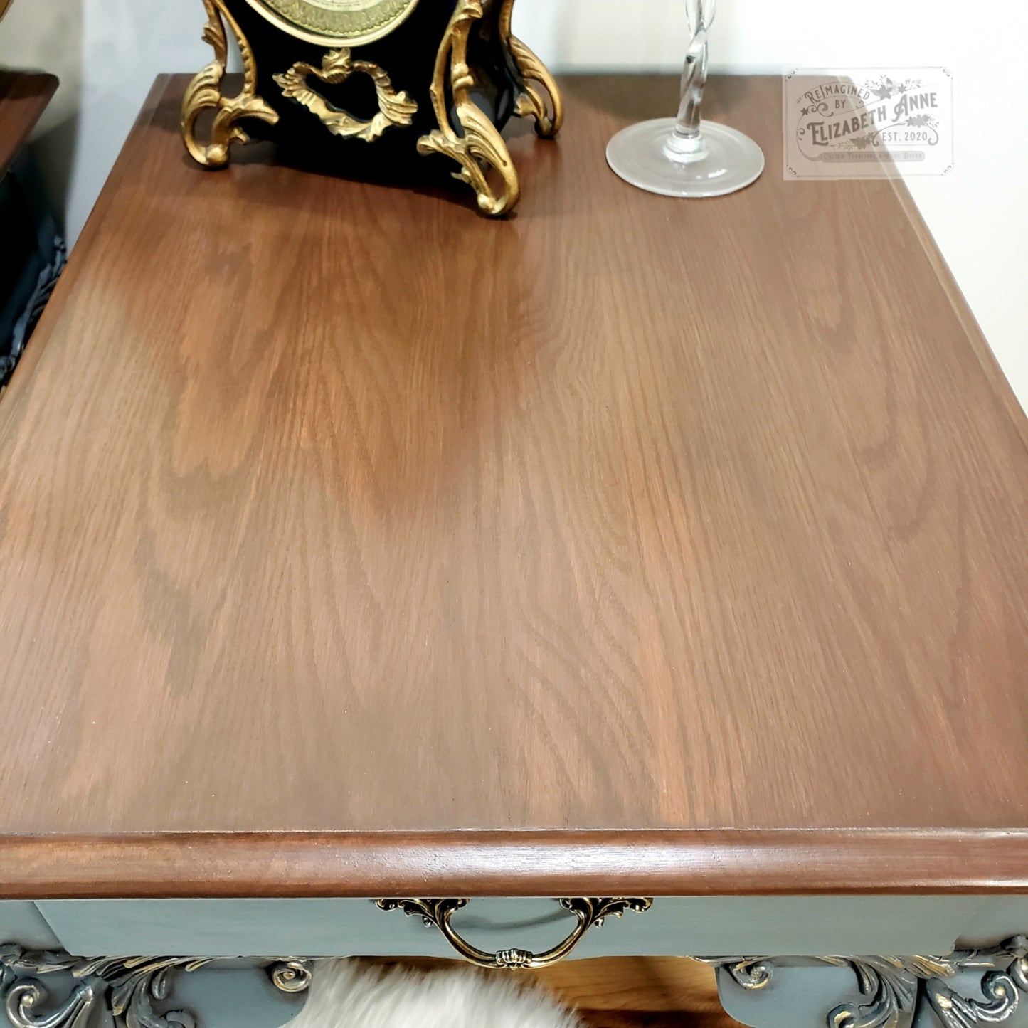 Vintage Pair of Nightstands in Warm Brown, Gold & Pewter Silver | Scroll Moulding Details, Tobacco Stained Oak Top with Drawer