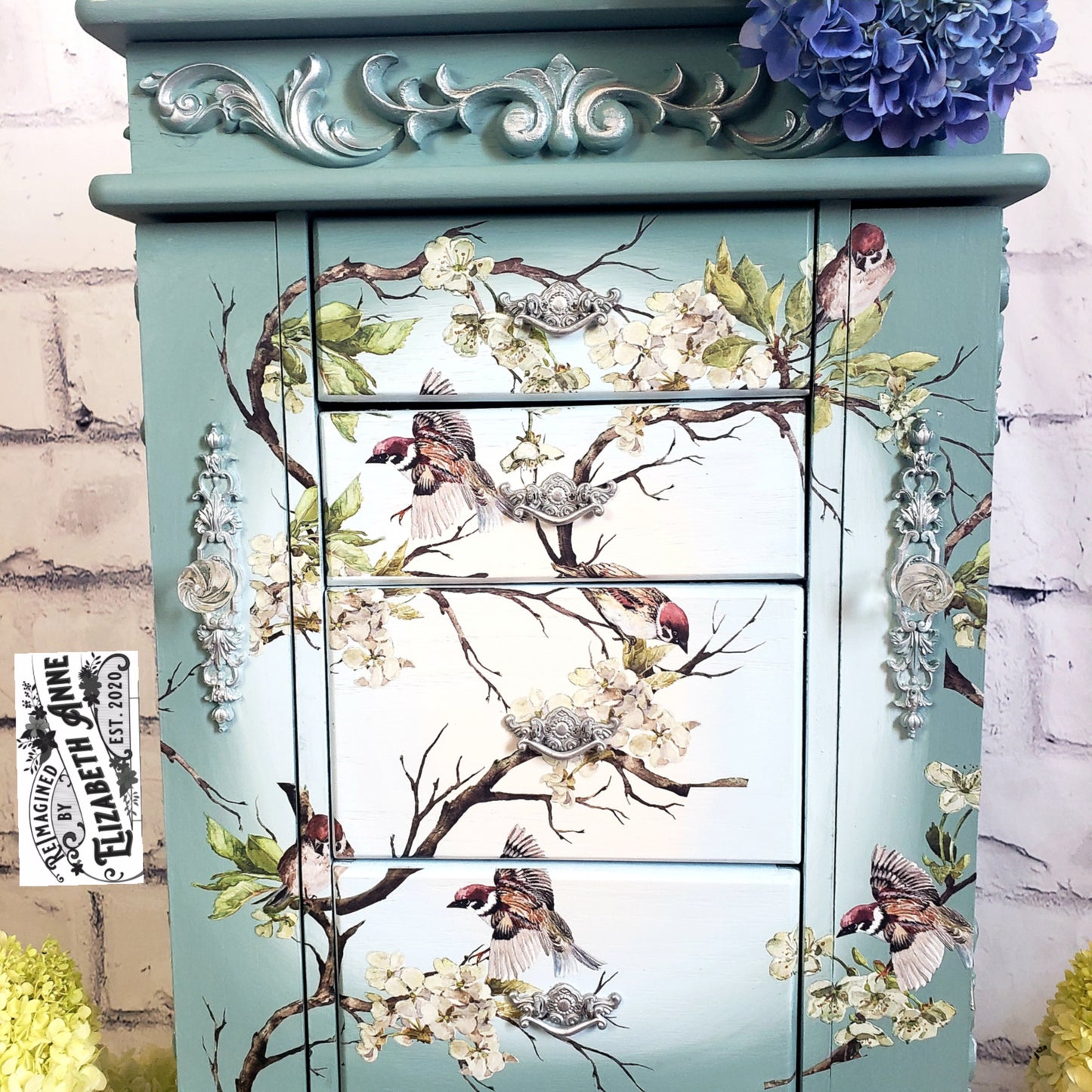 Bird and Floral Blossom Jewelry Armoire | Greens, Blues, Whites, Silver, Gray | Custom Bedroom Storage | Custom Gifts