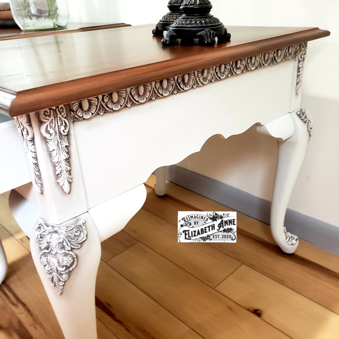 Vintage White End Tables with Beautiful Moulding Antiqued in Dark Brown/Charcoal and Stained "Tobacco" Wood Top | Bedroom Nightstands