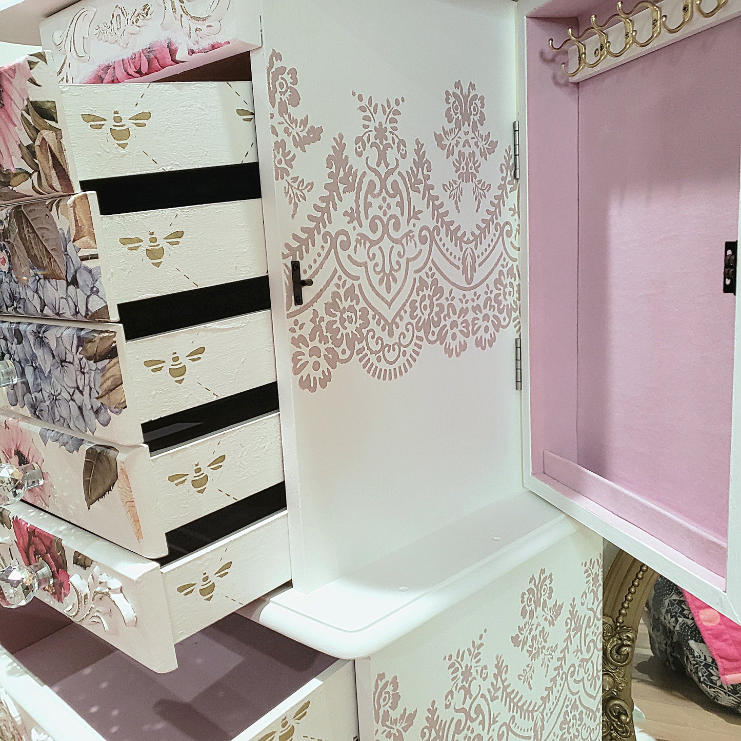 Vintage White & Gold Floral French Jewelry Armoire with Butterflies, Dragonflies, Bees | Hand-painted Pink Jewelry Box Storage