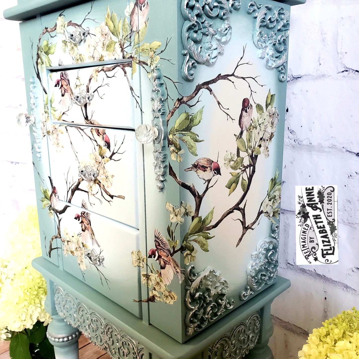 Bird and Floral Blossom Jewelry Armoire | Greens, Blues, Whites, Silver, Gray | Custom Bedroom Storage | Custom Gifts